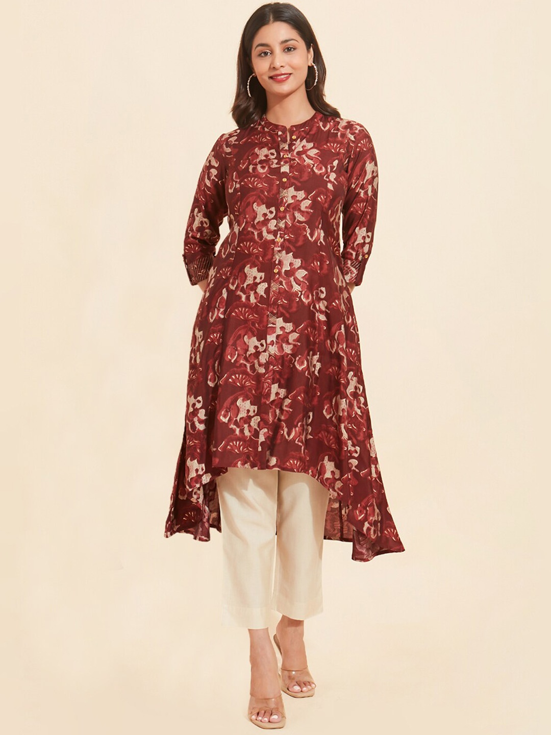

Maybell Floral Printed Mandarin Collar A-Line Kurta, Maroon