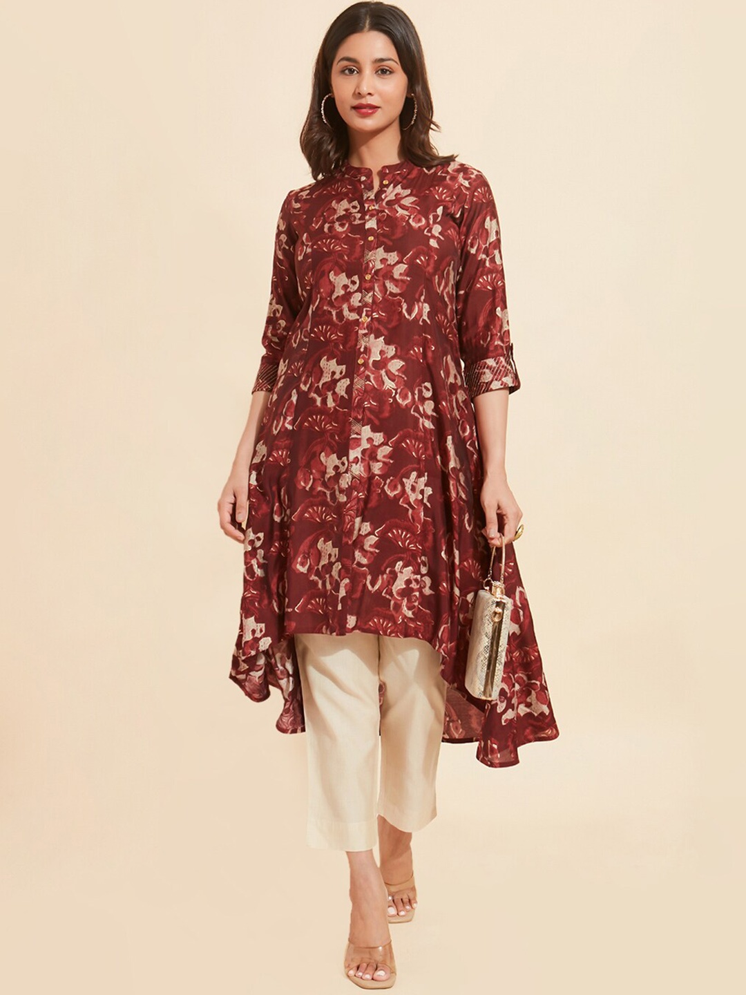 

Maybell Floral Printed Mandarin Collar High Low A-Line Kurta, Maroon
