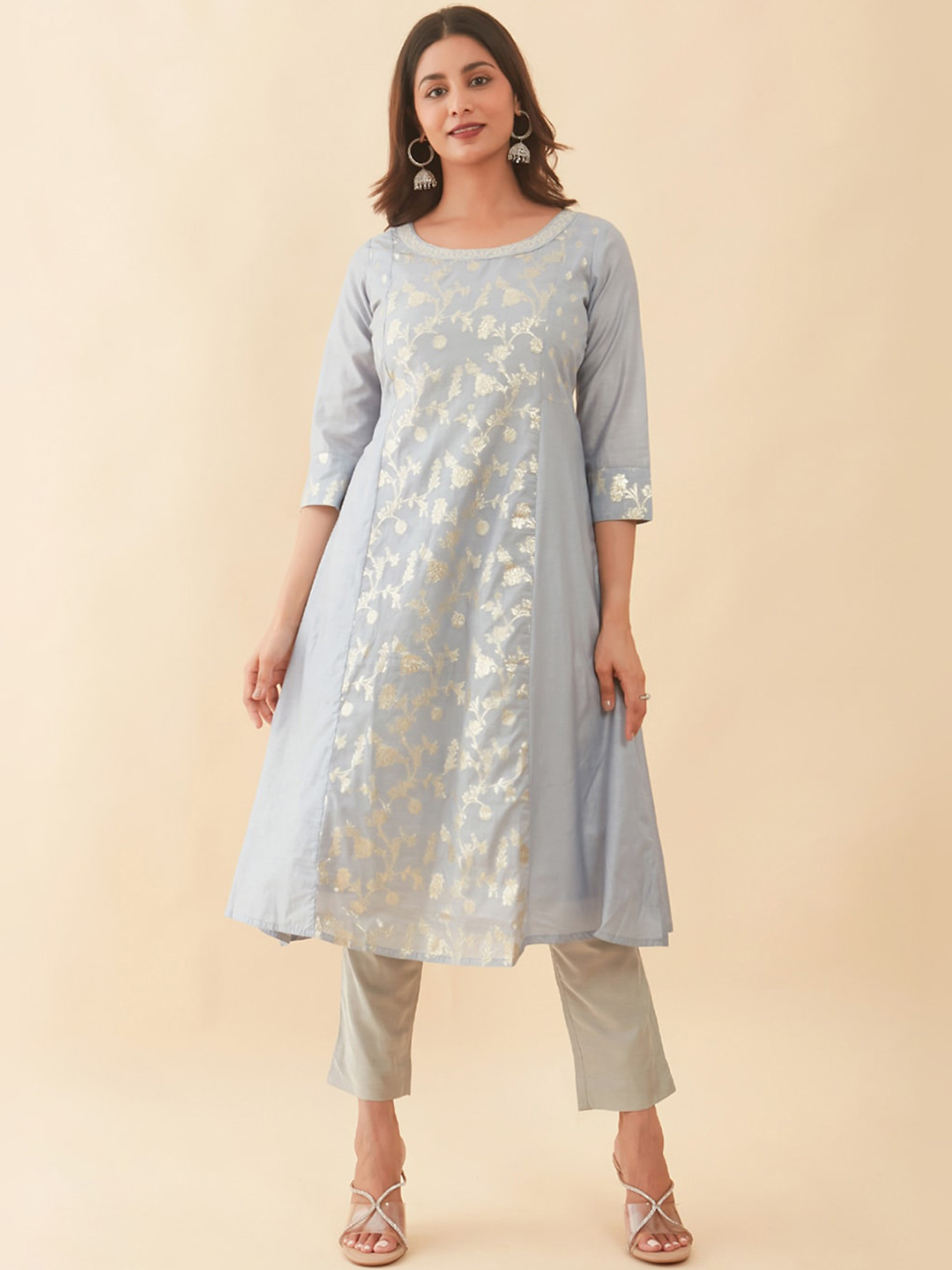 

Maybell Ethnic Motifs Woven Design Round Neck Thread Work A-line Kurta, Blue