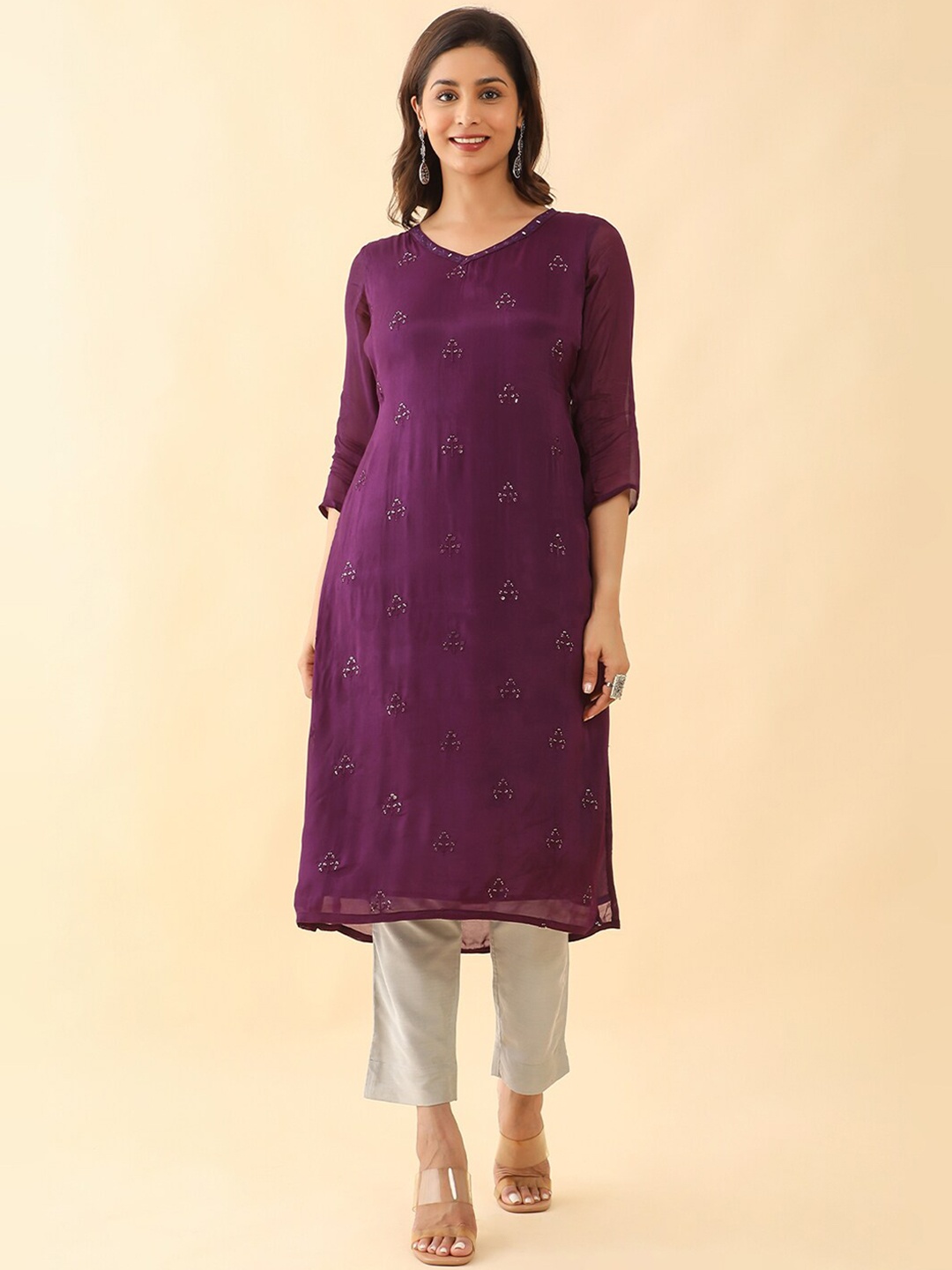 

Maybell Floral Embroidered V-Neck Pure Chiffon Straight Kurta, Purple