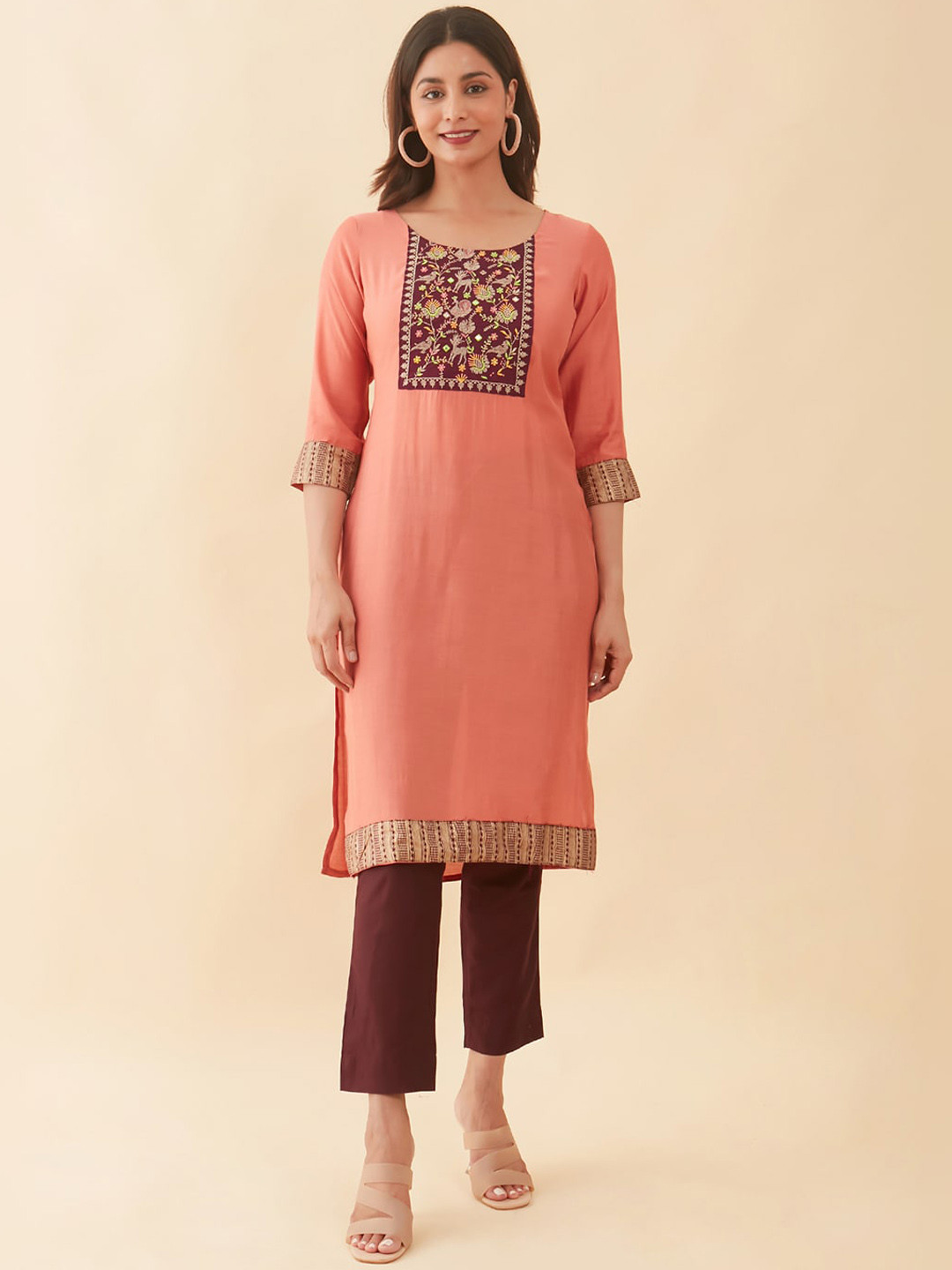 

Maybell Ethnic Motifs Embroidered Mirror Work Kurta, Peach