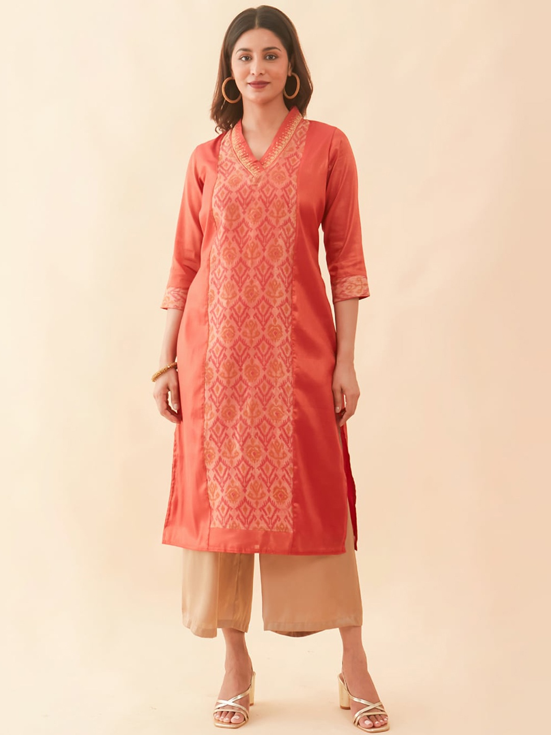

Maybell Ethnic Motifs Woven Design V-Neck Thread Work Silk Straight Kurta, Orange