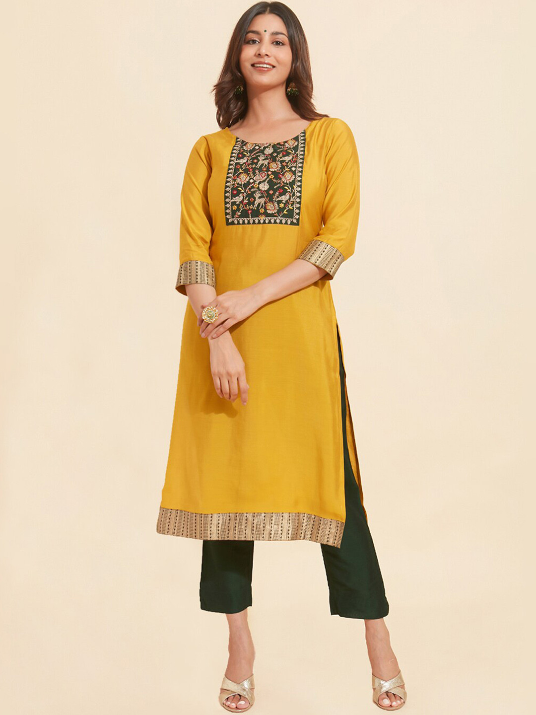 

Maybell Floral Embroidered Straight Kurta, Yellow