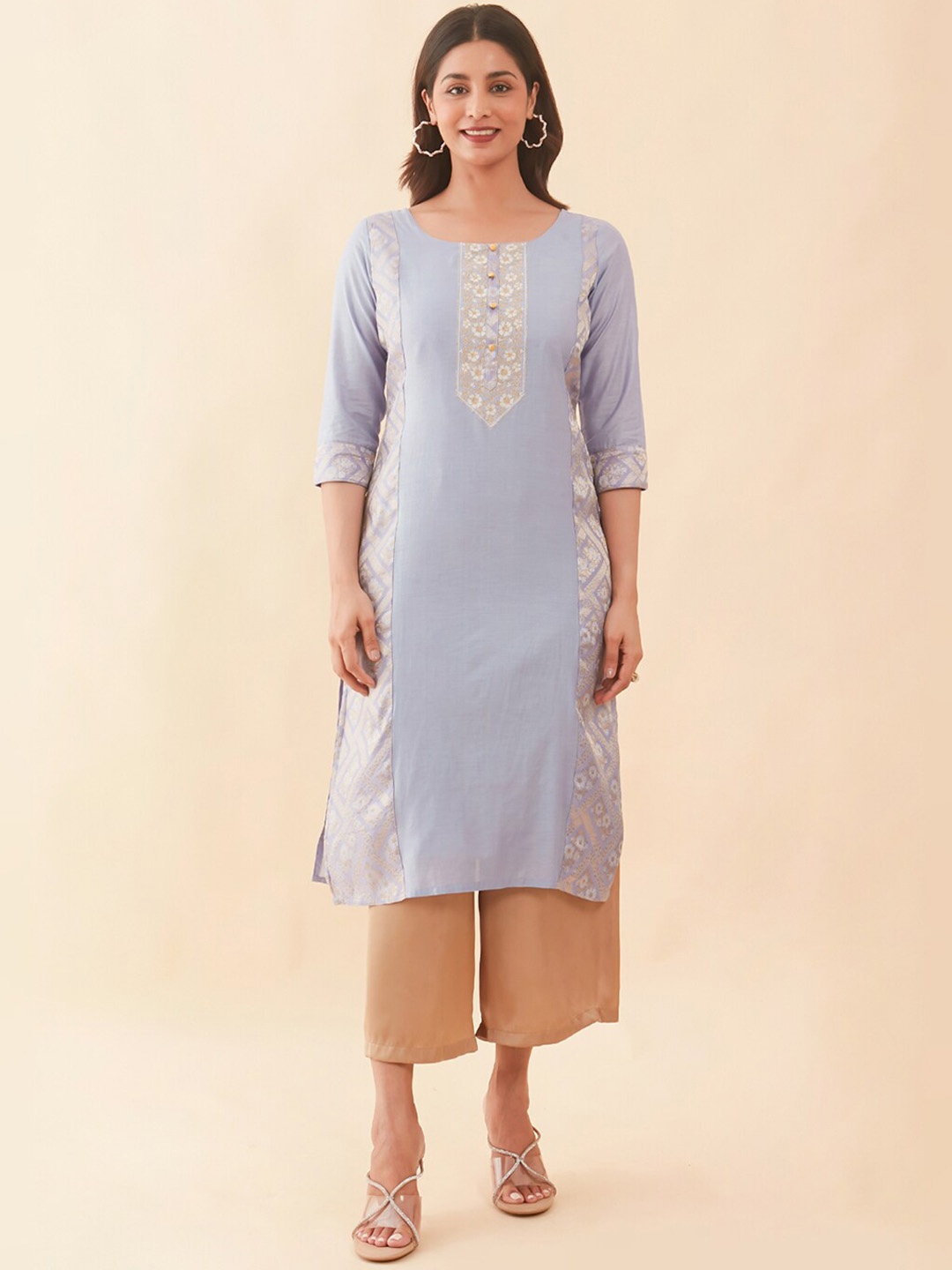 

Maybell Ethnic Motifs Woven Design Pure Silk Straight Kurta, Blue