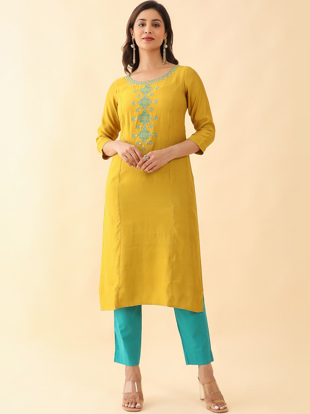 

Maybell Ethnic Motifs Embroidered Mirror Work Straight Kurta, Yellow