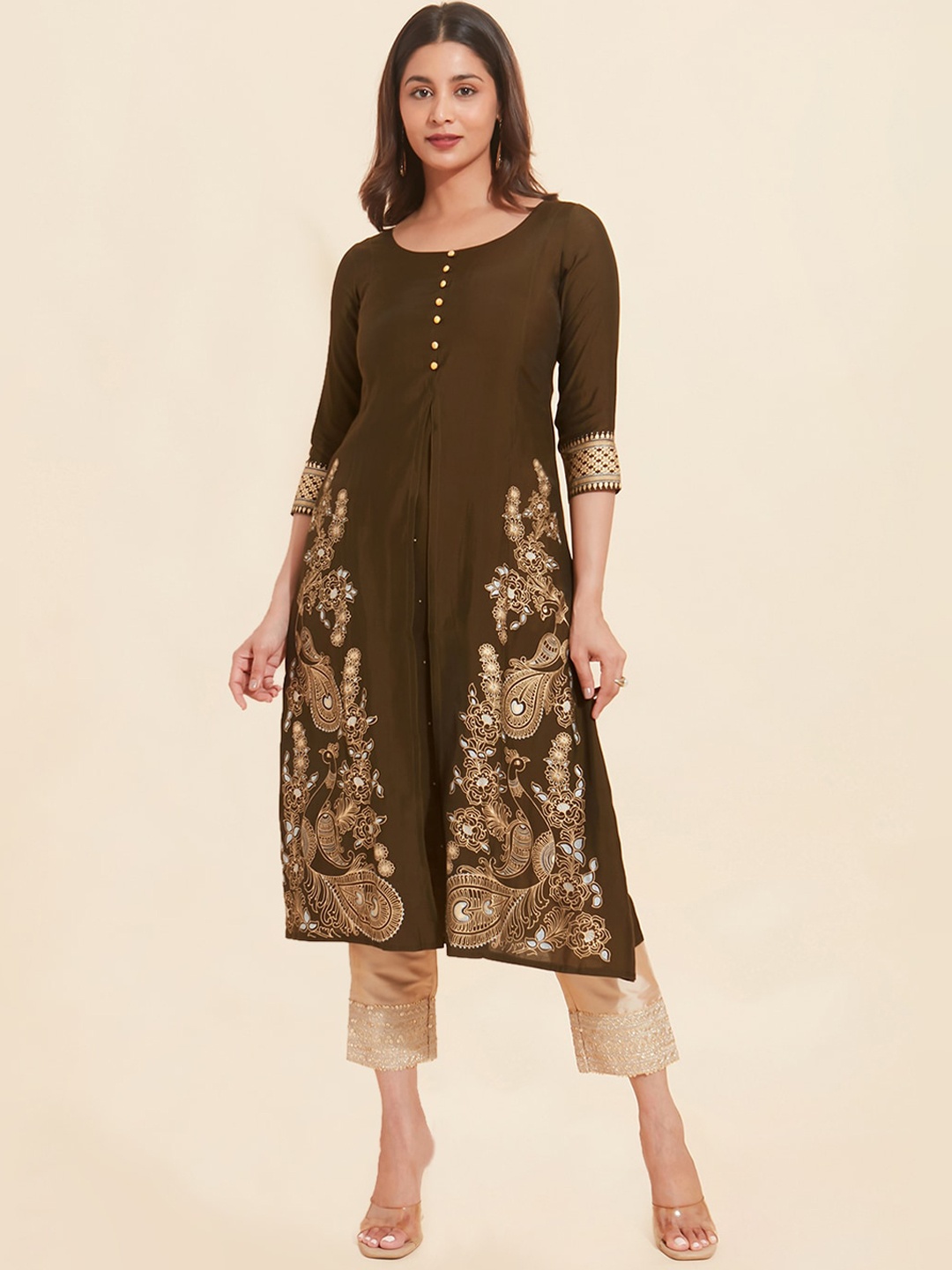 

Maybell Ethnic Motifs Printed A-Line Kurta, Green