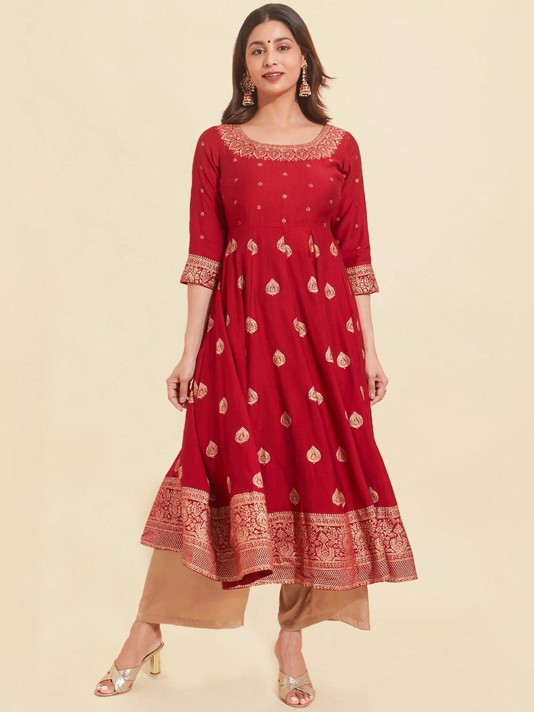 

Maybell Ethnic Motifs Woven Design Bead Work Boat Neck Anarkali Kurta, Red