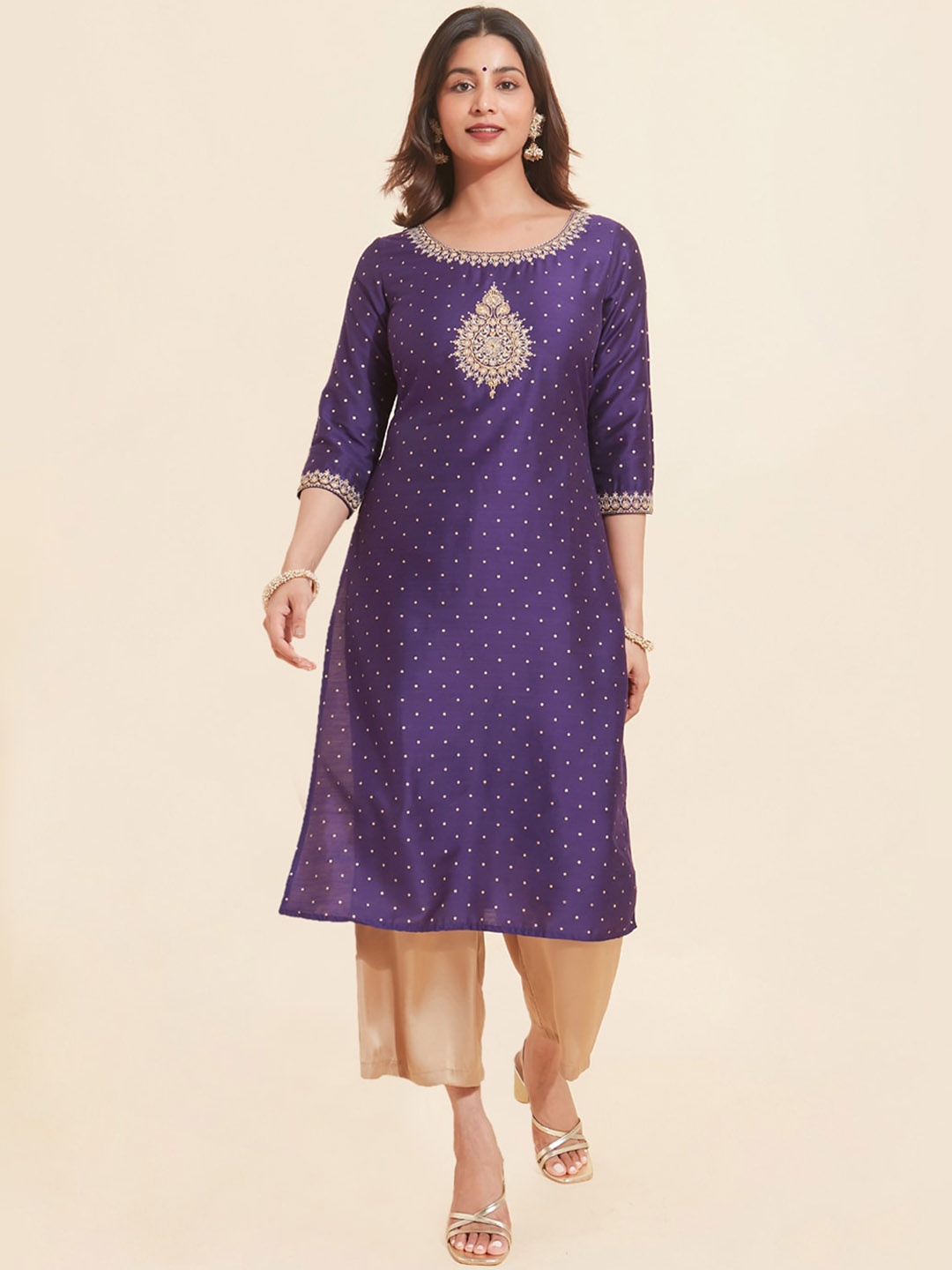 

Maybell Polka Dots Printed Yoke Design Embroidered Straight Kurta, Purple
