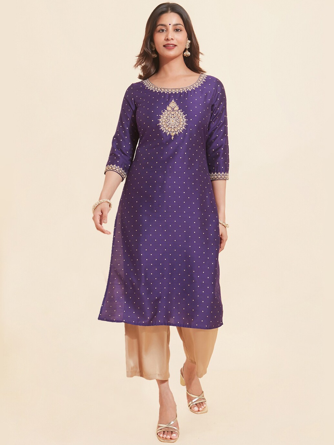 

Maybell Ethnic Motifs Embroidered Mirror Work Straight Kurta, Purple