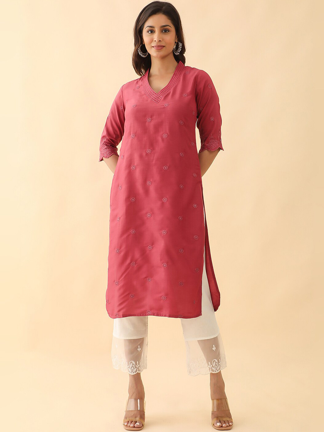 

Maybell Floral Embroidered V-Neck Pure Chiffon Straight Kurta, Pink