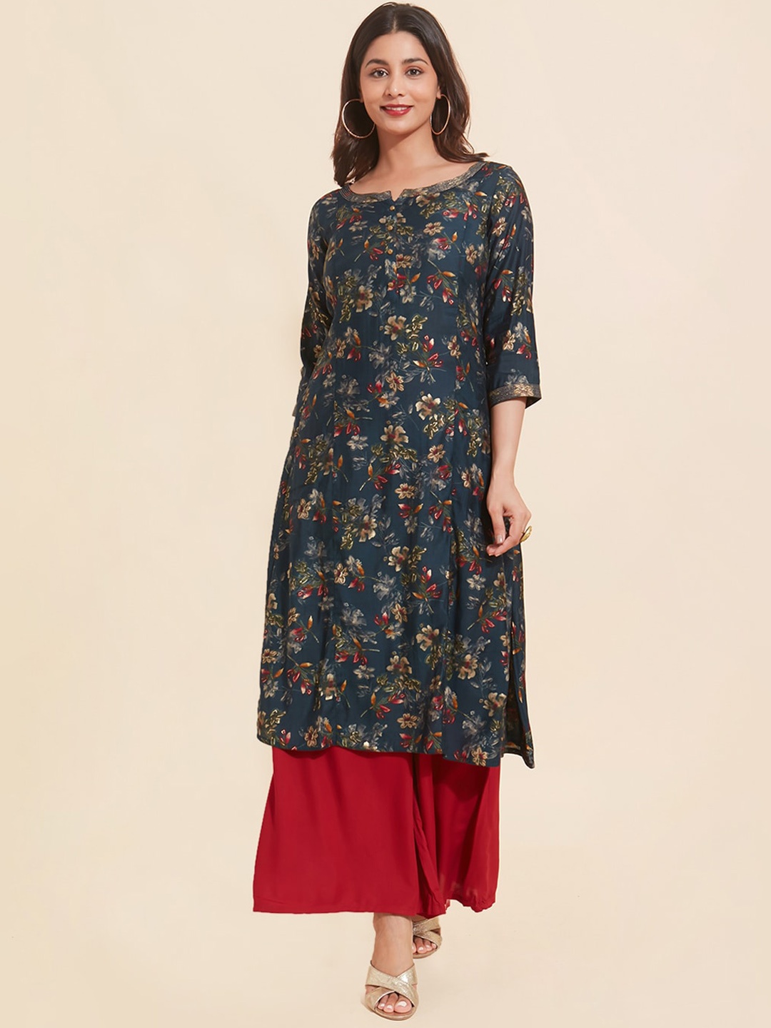 

Maybell Notched Neck Floral Printed A-line Kurta, Navy blue
