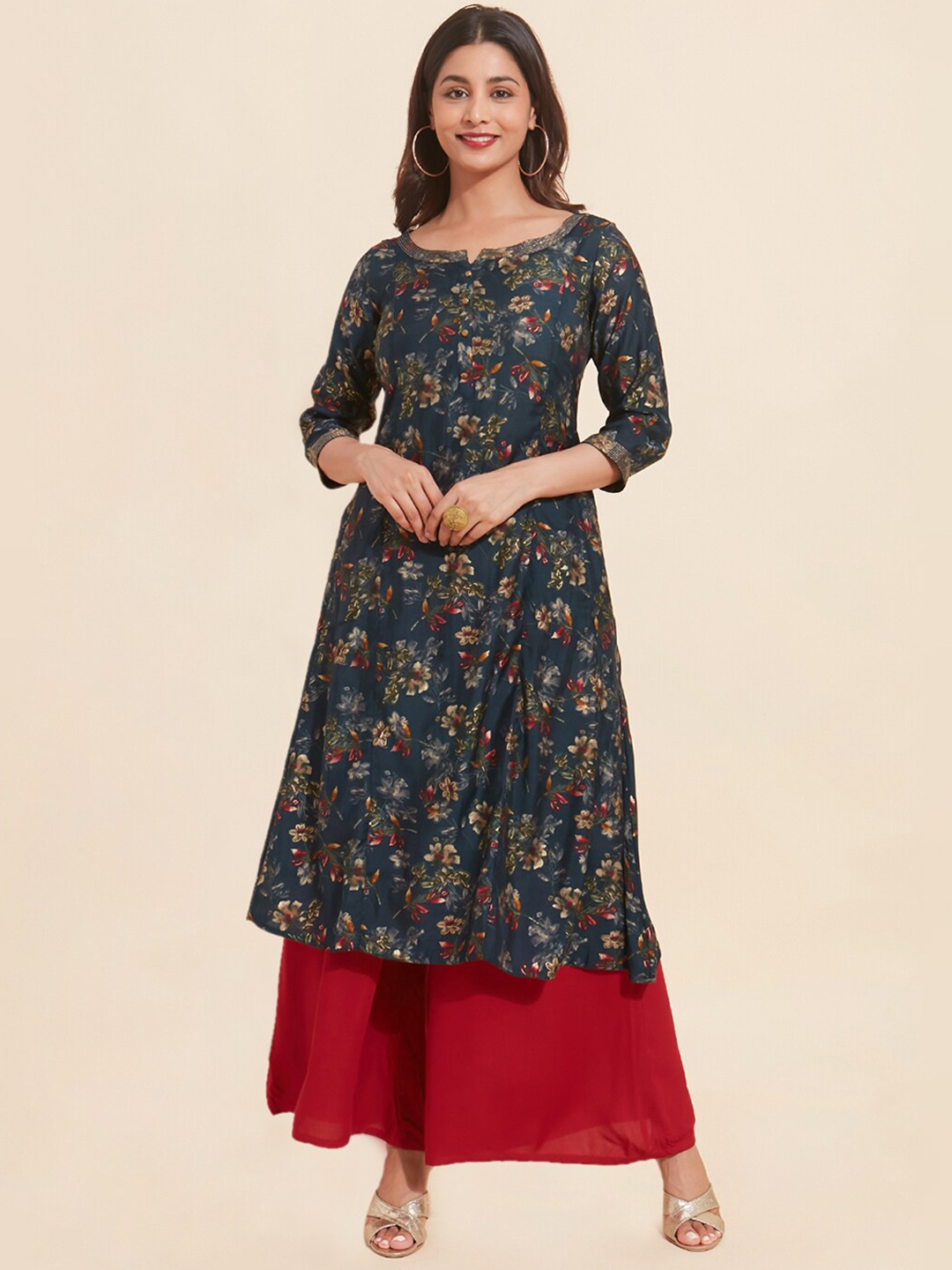 

Maybell Floral Printed Thread Work A-Line Kurta, Navy blue