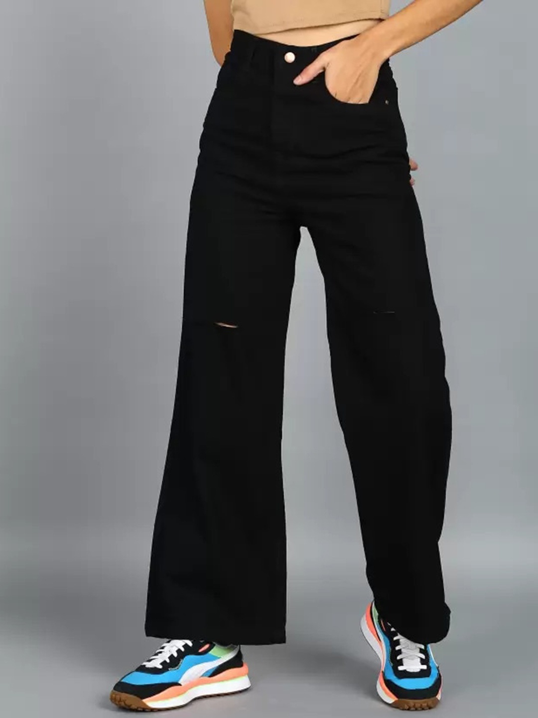 

DKGF FASHION Women Bootcut High-Rise Slash Knee Jeans, Black