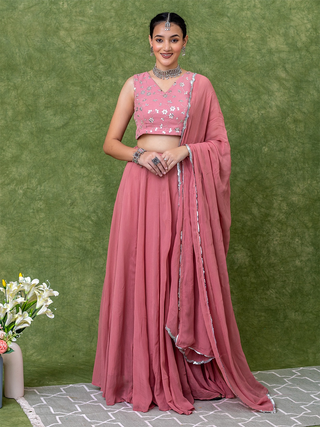 KASYA Embroidered V-Neck Ready to Wear Lehenga & Blouse With Dupatta, Pink