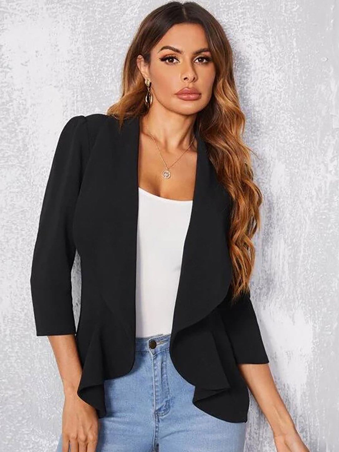 

Kotty Shawl Collar Puff Sleeves Open Front Jacket, Black