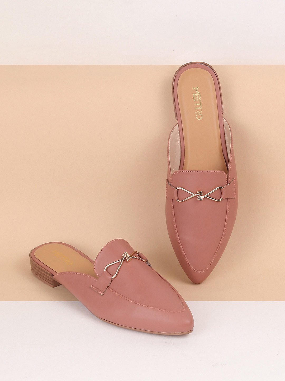 

Metro Buckle Detail Pointed Toe Mules, Peach