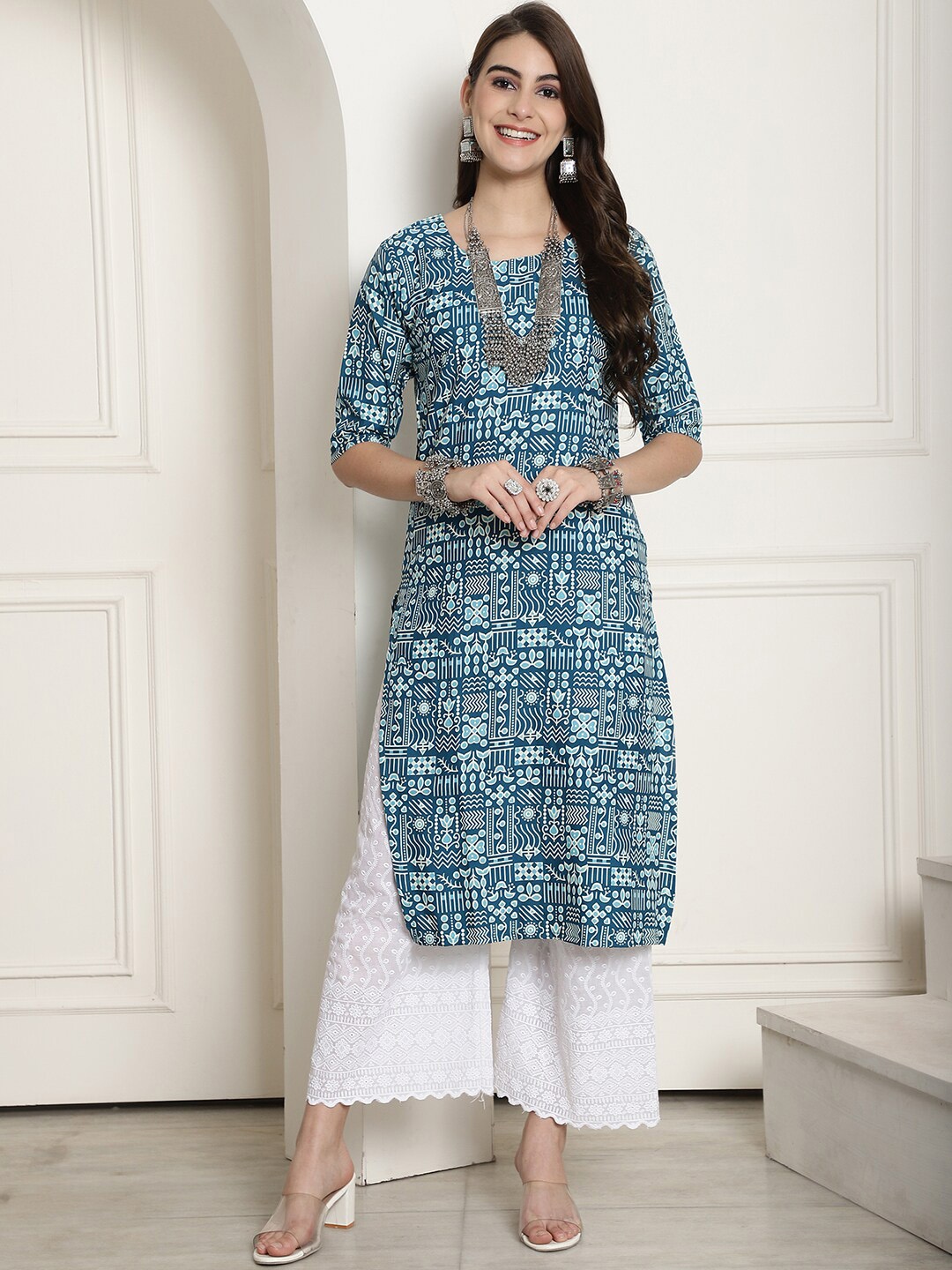 Ethnic basket Ethnic Motifs Printed Stright Kurta, Blue