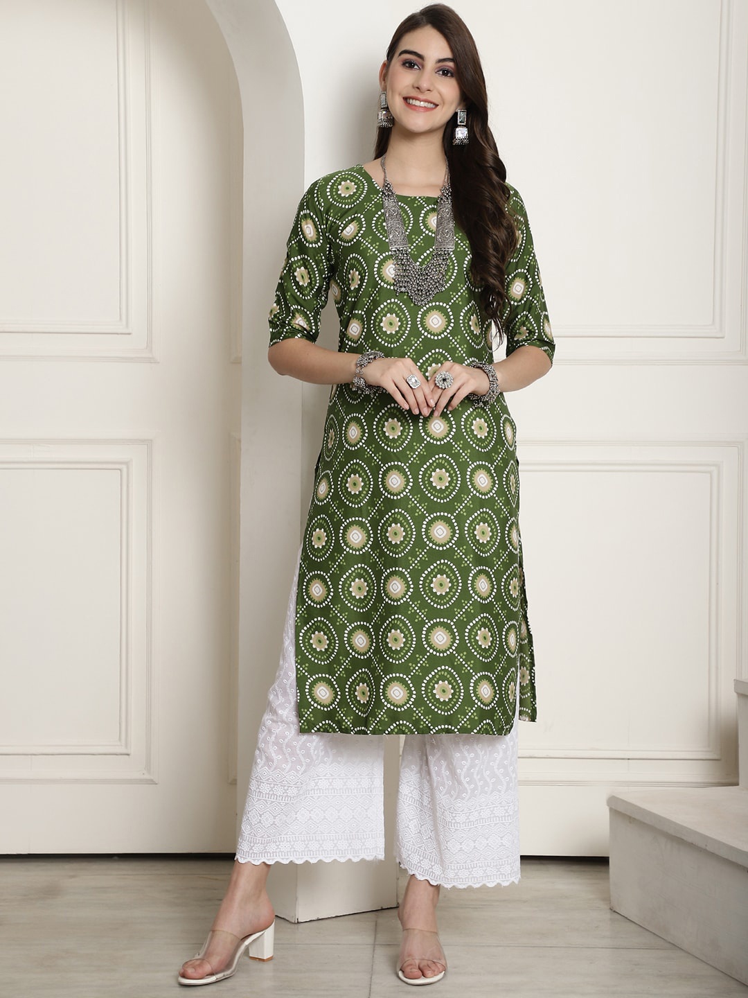 Ethnic basket Ethnic Motifs Printed Stright Kurta, Green