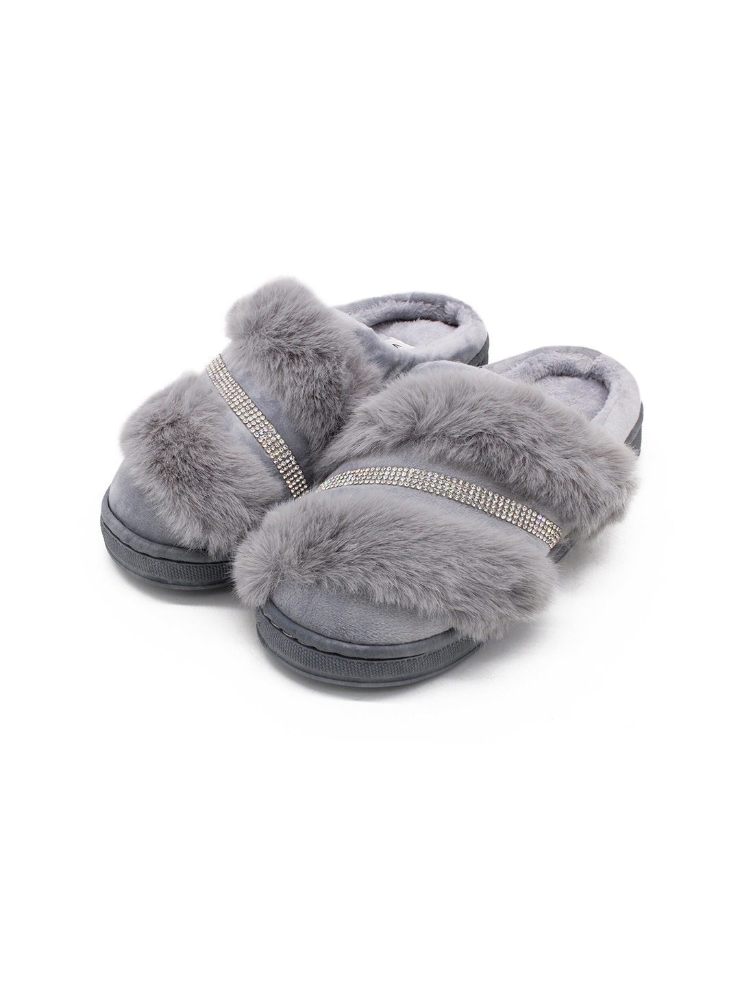 

JENNA Women Embellished Fur Comfort Winter Room Slippers, Grey