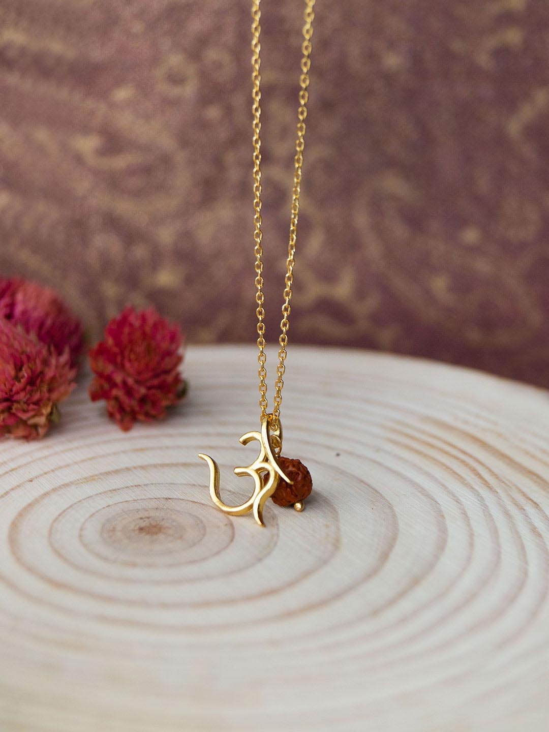 MANNASH Gold-Plated Om With Rudraksh Pendant With Chain, Yellow