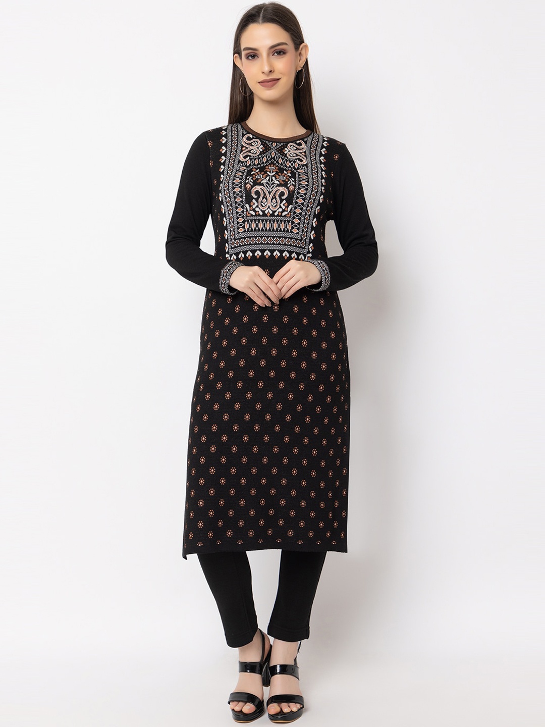 

KEIKO Ethnic Motifs Yoke Design Straight Kurta, Black