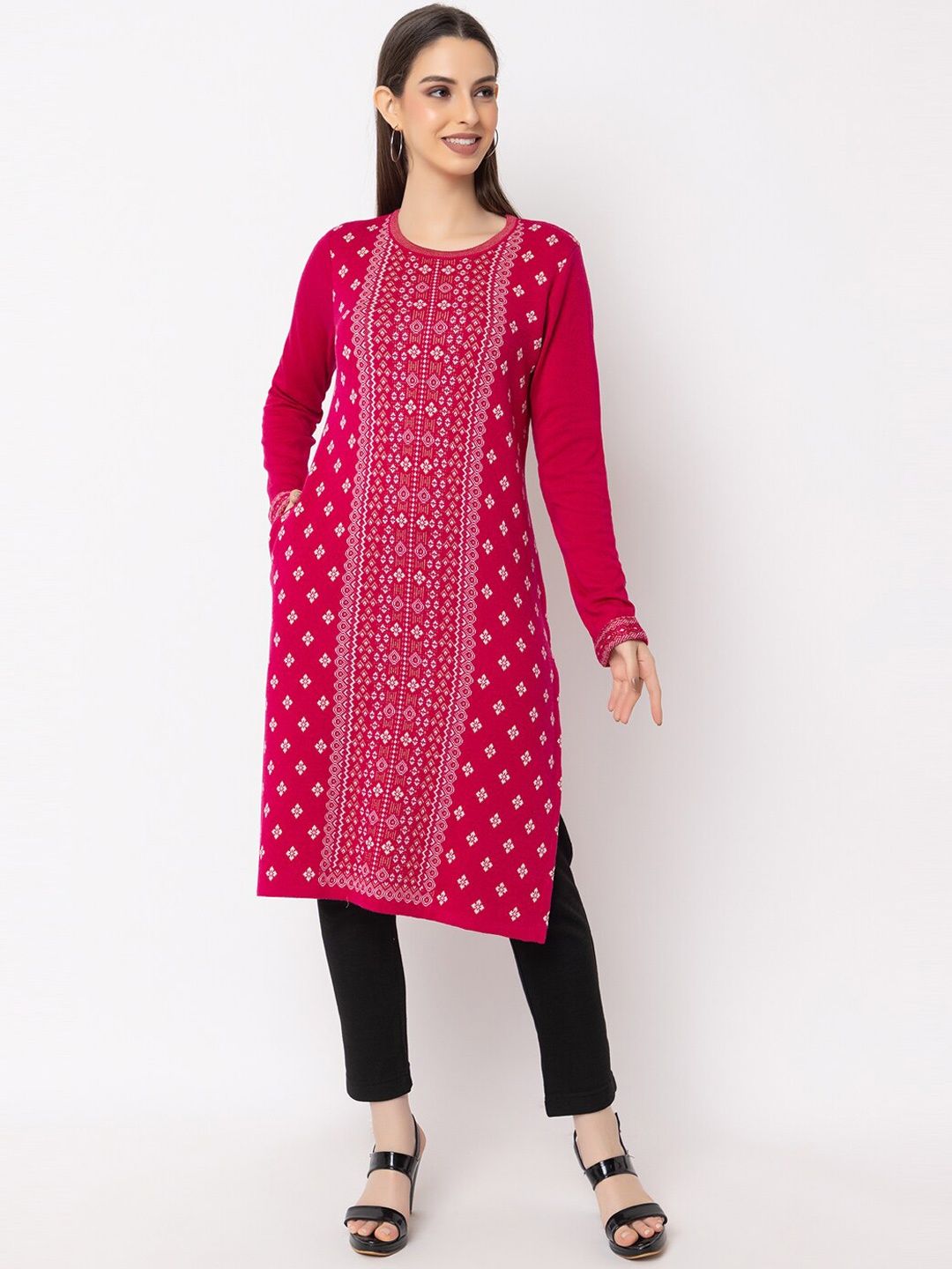 

KEIKO Ethnic Motifs Woven Design Straight Kurta, Pink