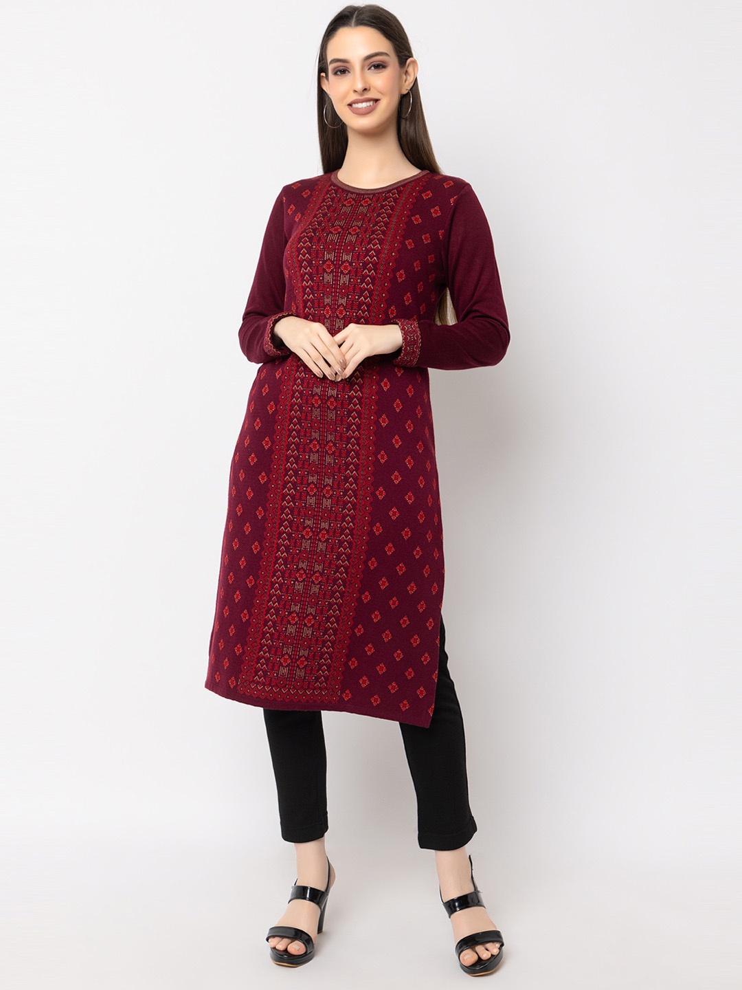 

KEIKO Ethnic Motifs Woven Designed Round Neck Regular Straight Acrylic Kurta, Maroon