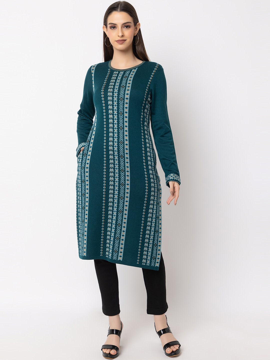 KEIKO Geometric Striped Long Sleeved Straight Kurta, Teal