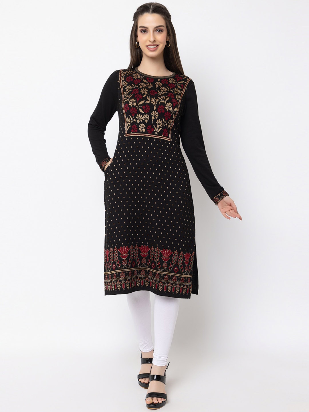 

KEIKO Ethnic Motifs Woven Design Straight Kurta, Black