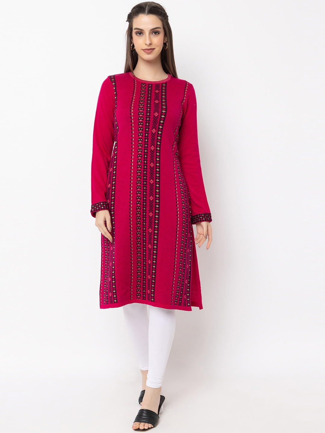 

KEIKO Geometric Striped Long Sleeved Straight Kurta, Pink