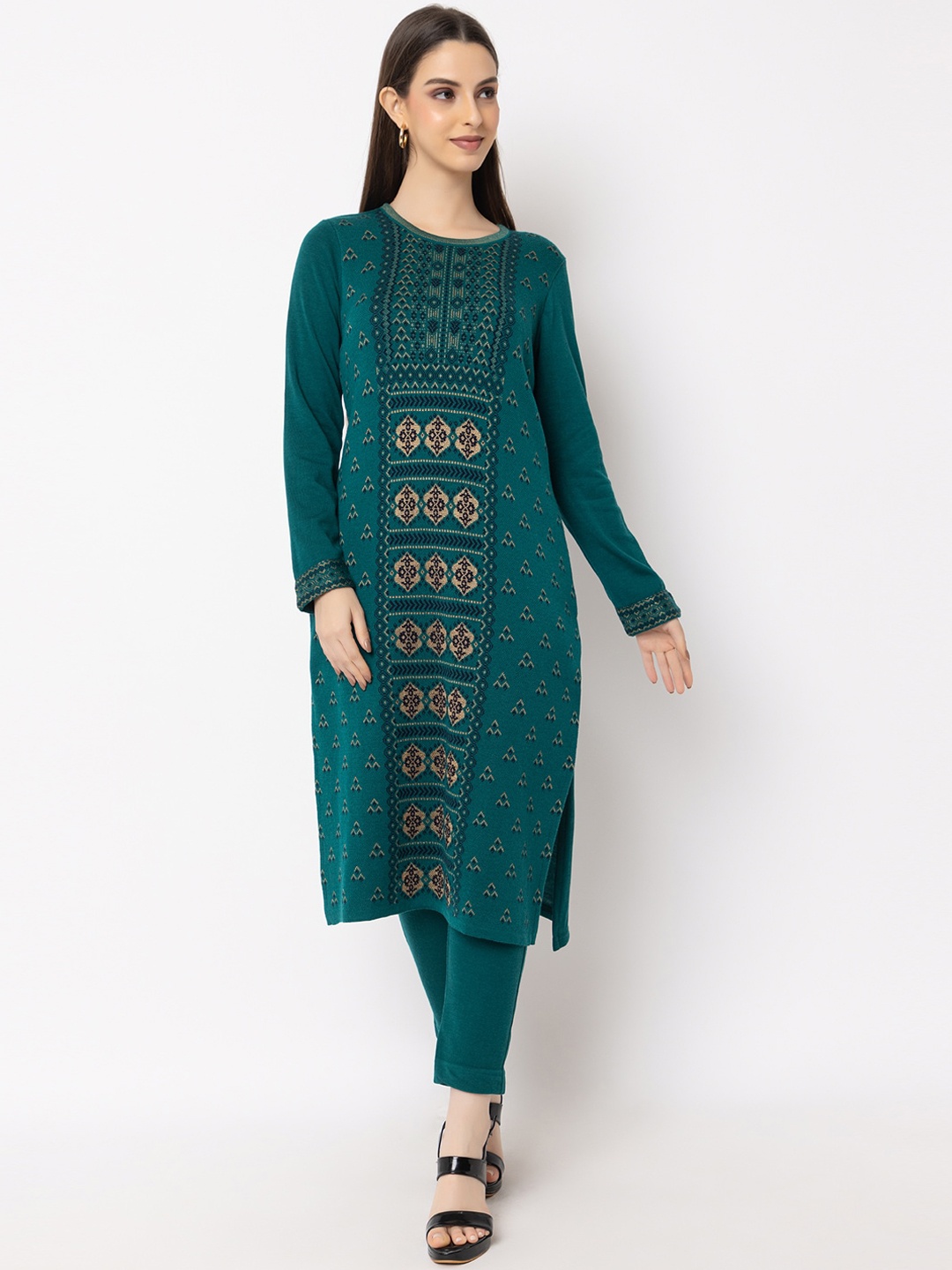 

KEIKO Ethnic Motifs Woven Designed Round Neck Regular Straight Acrylic Kurta, Green