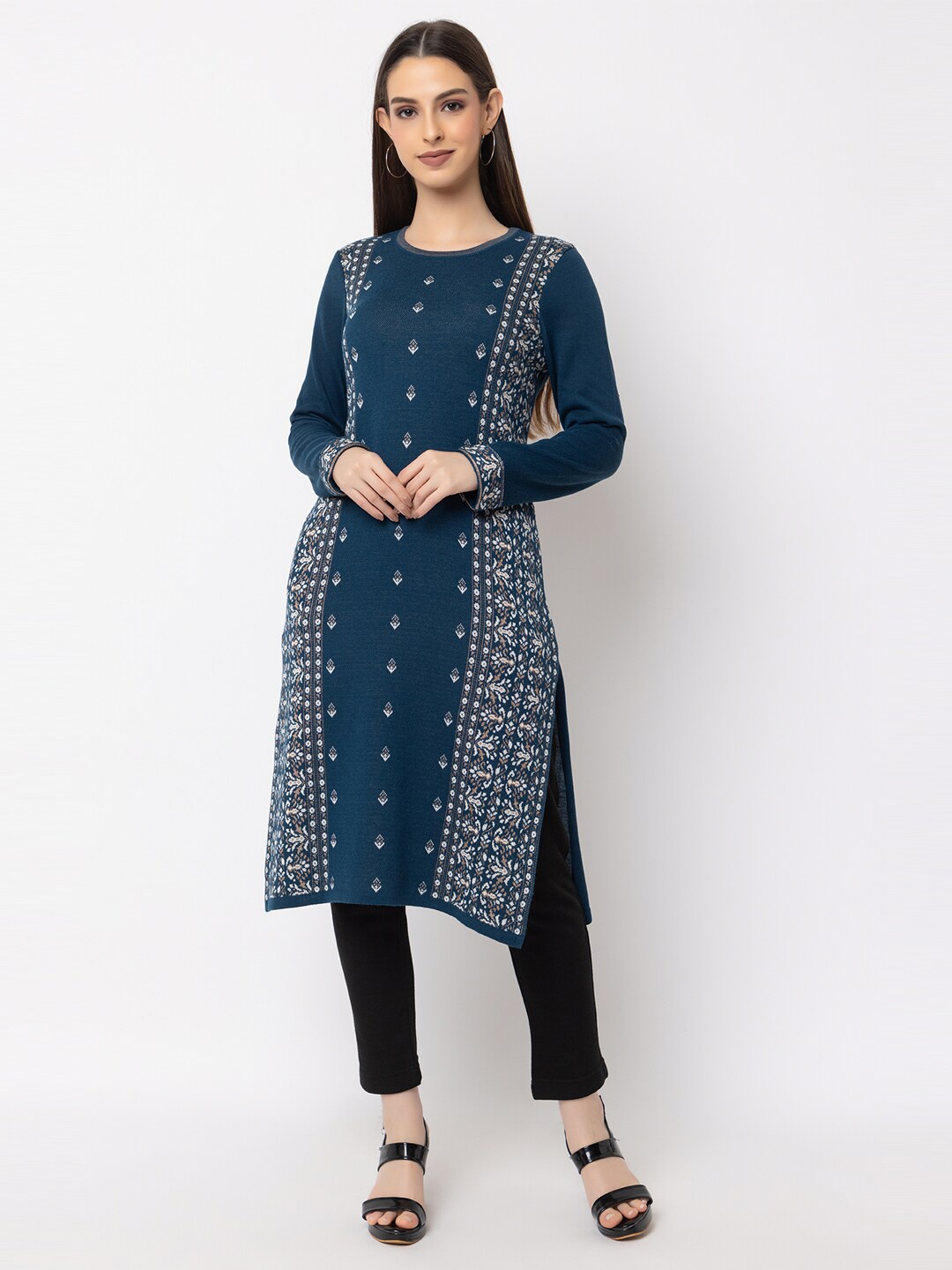 

KEIKO Ethnic Motifs Woven Designed Round Neck Regular Straight Acrylic Kurta, Blue