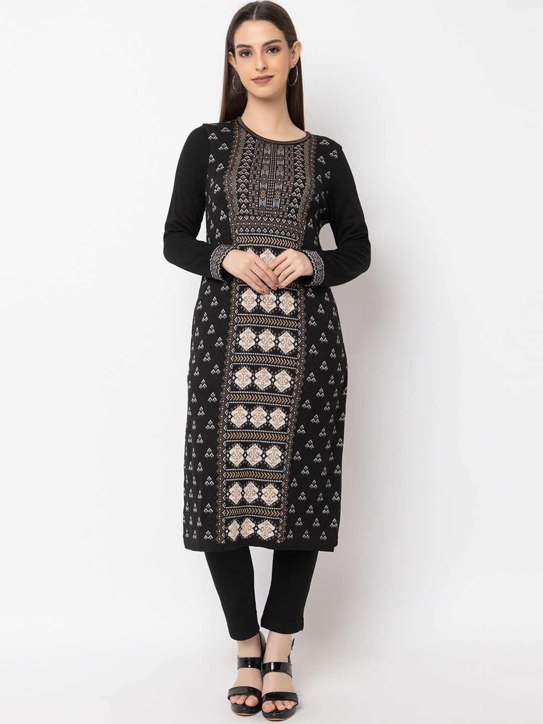 

KEIKO Ethnic Motifs Woven Designed Round Neck Regular Straight Acrylic Kurta, Black