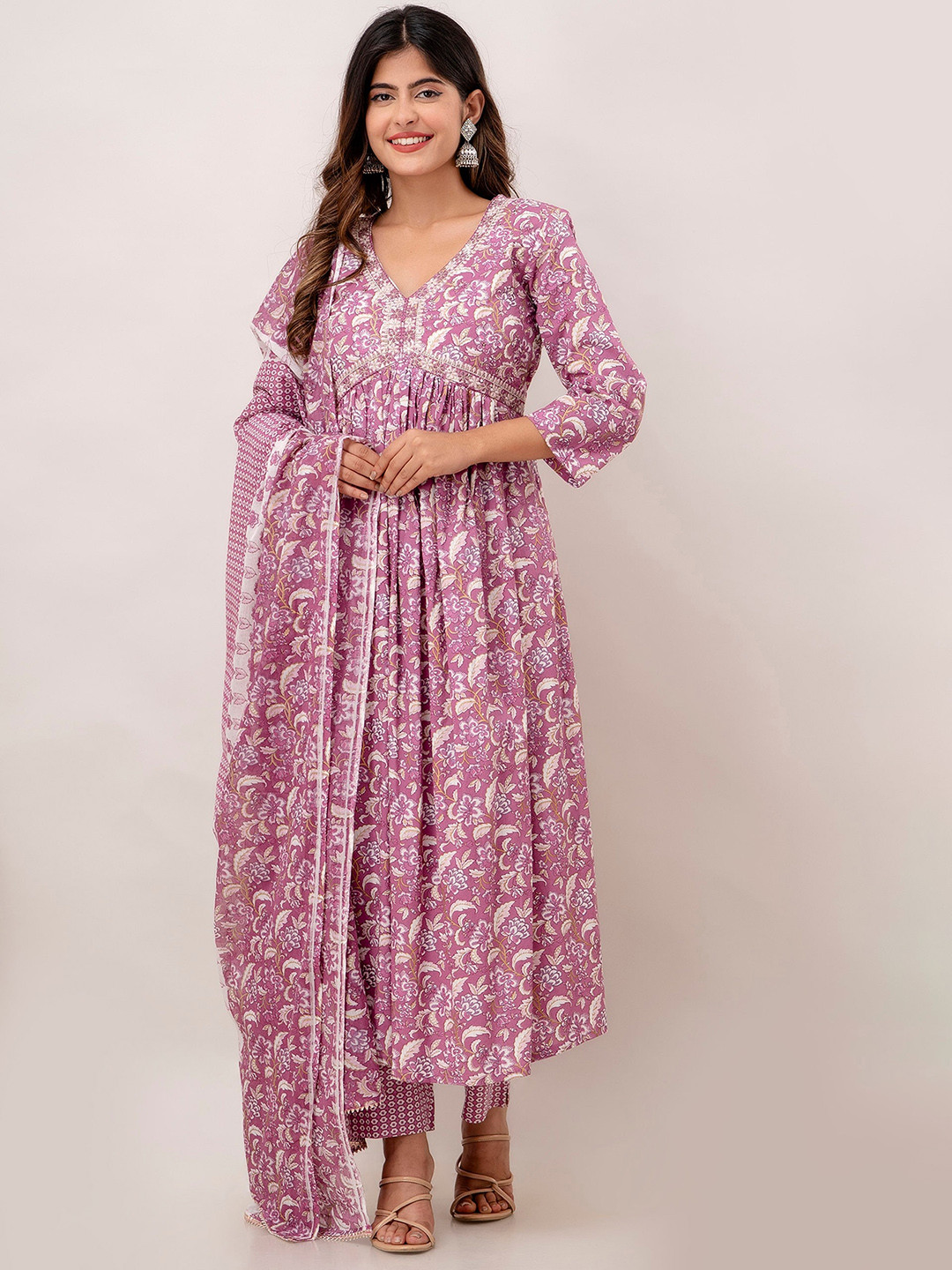 

Charu Floral Printed Thread Work Pure Cotton A-line Kurta With Trousers & Dupatta, Lavender