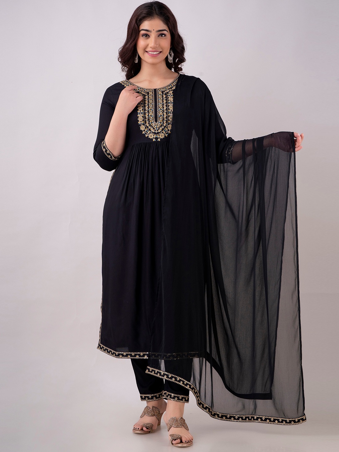 

Charu Floral Yoke Design Thread Work A-line Kurta With Trousers & Dupatta, Black