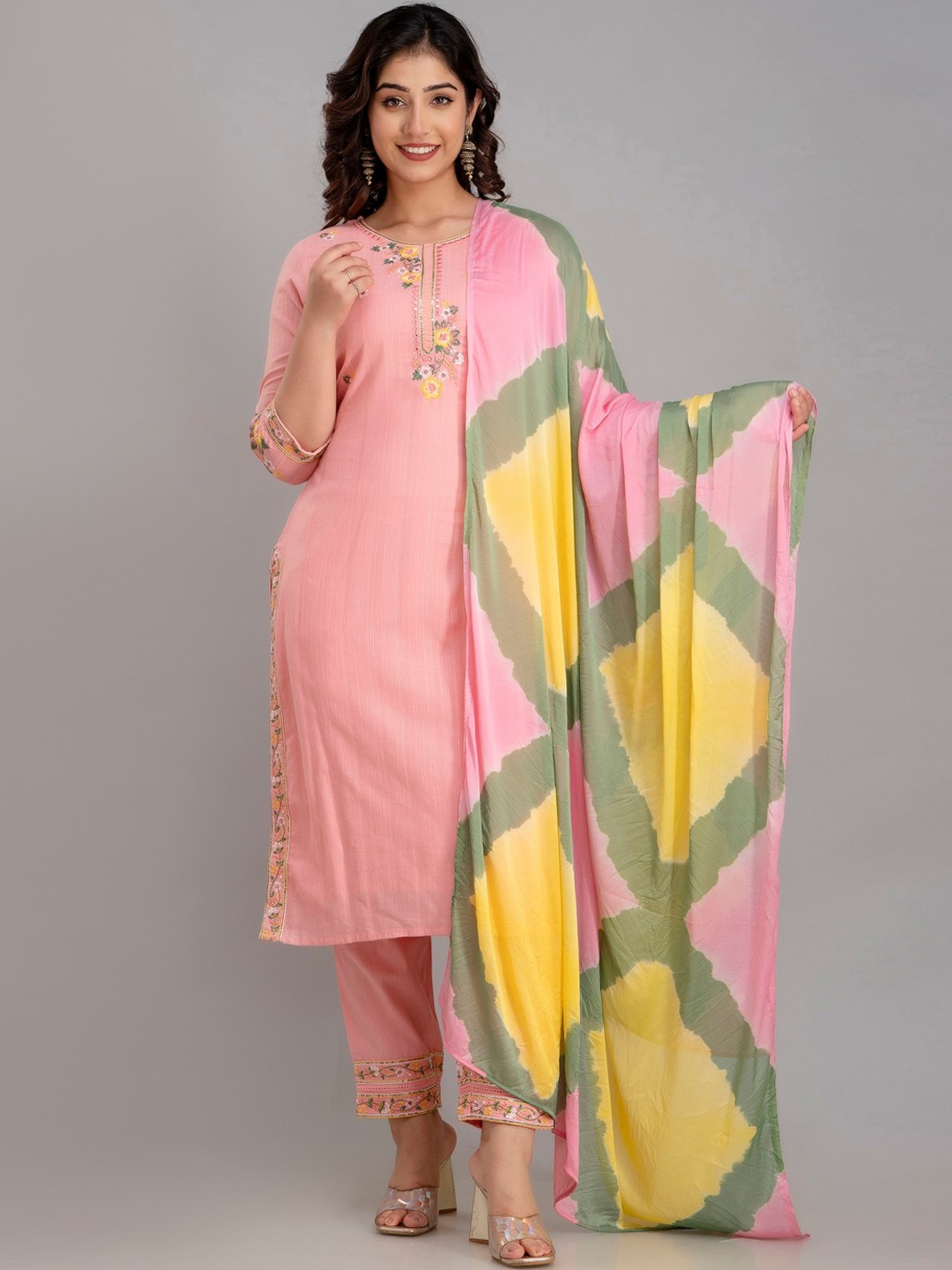 

Charu Floral Embroidered Mirror Work Pure Cotton Kurta With Trousers & Dupatta, Peach