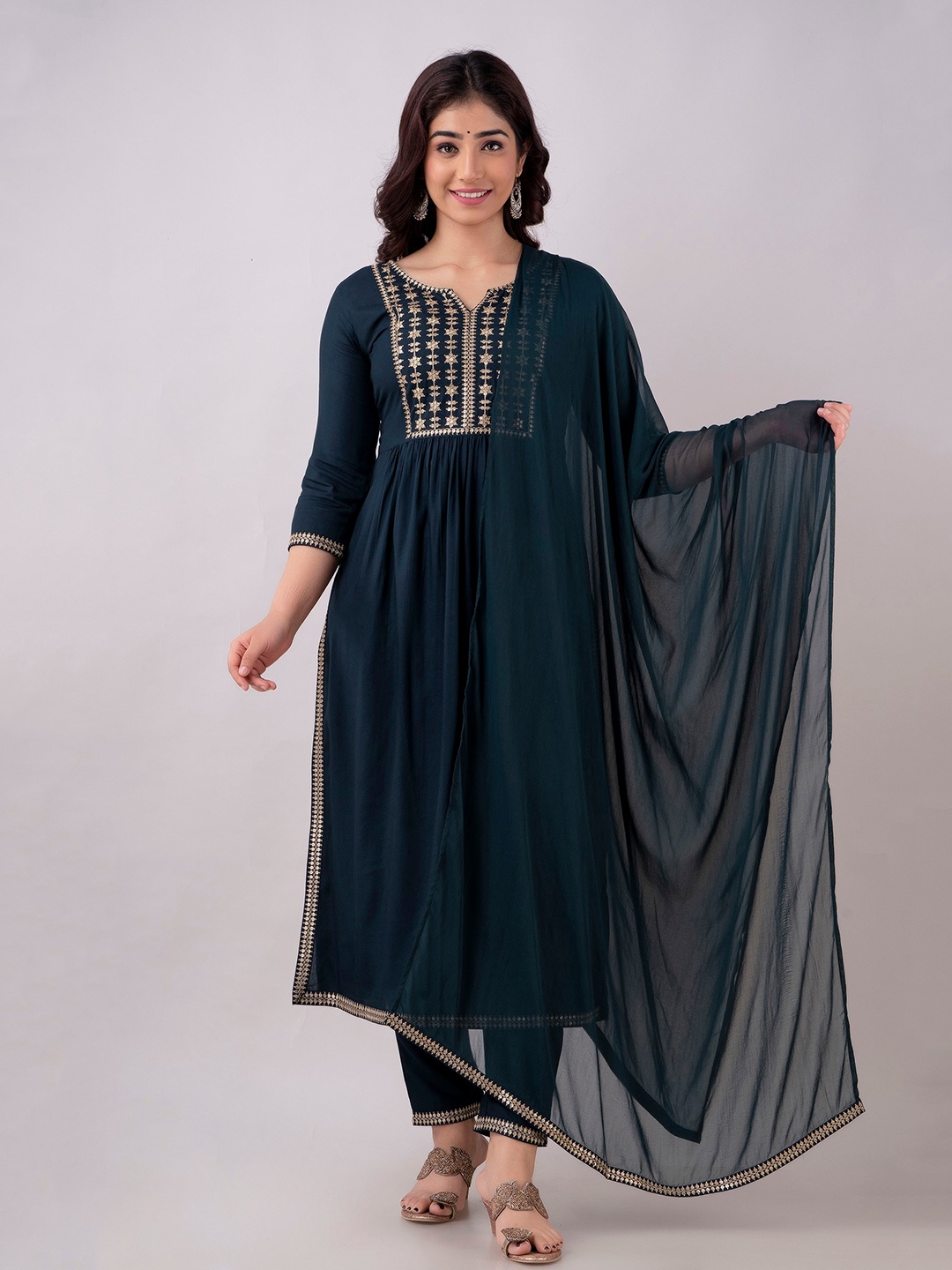 

Charu Floral Yoke Design Sequinned A-line Kurta With Trousers & Dupatta, Teal