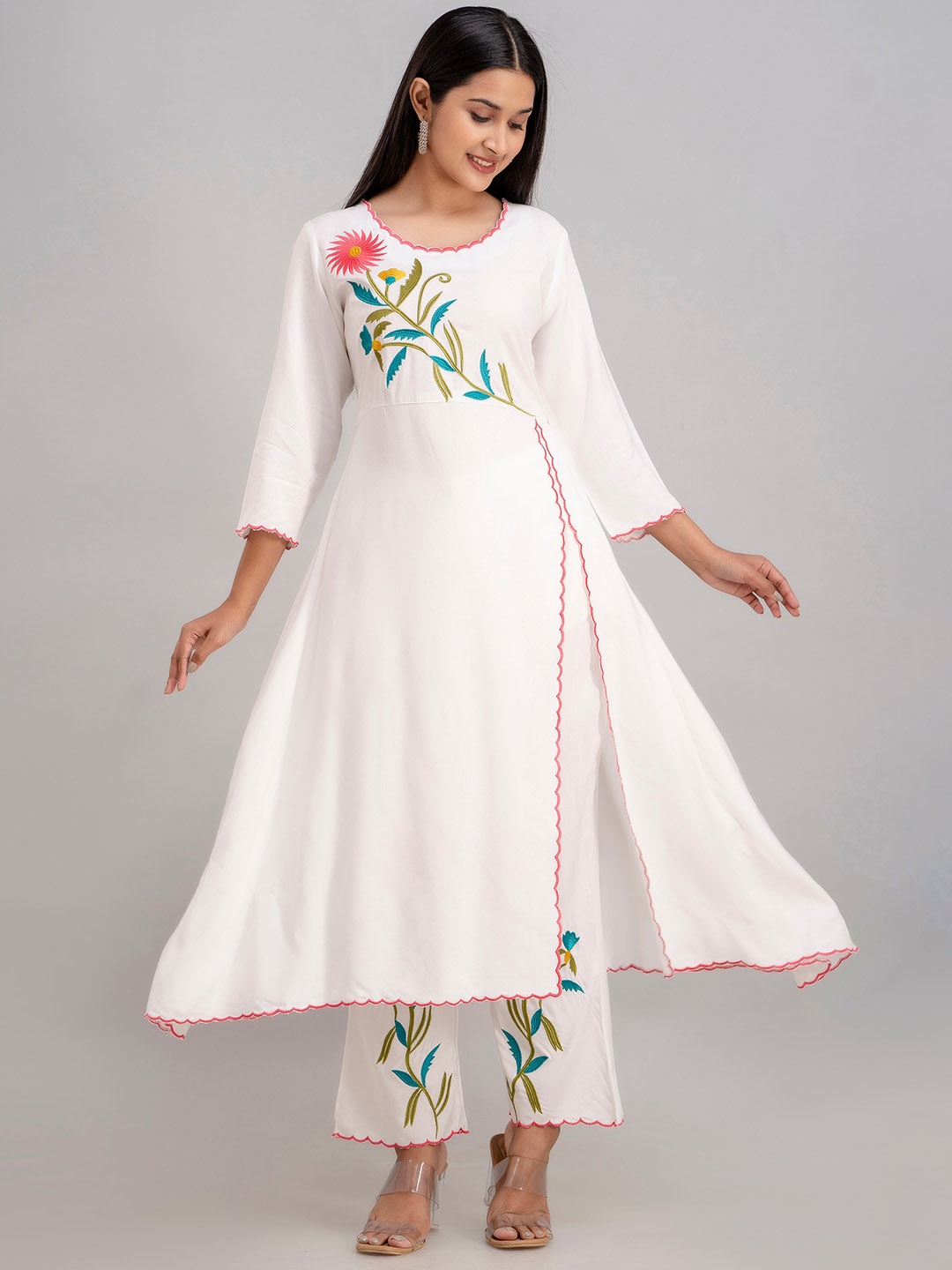 

Charu Floral Embroidered A-Line Kurta with Trousers, White