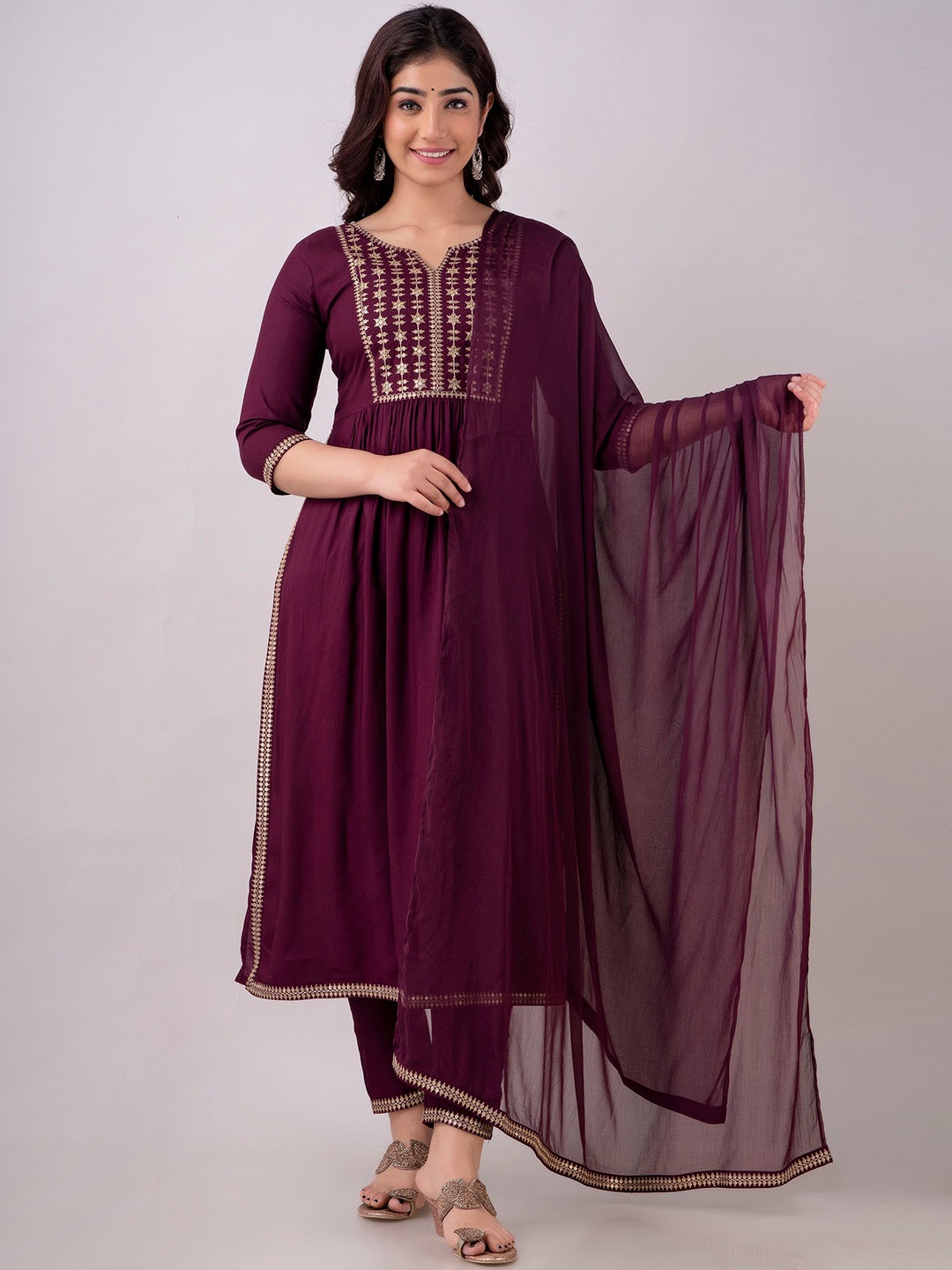 

Charu Floral Yoke Design Sequinned A-line Kurta With Trousers & Dupatta, Violet