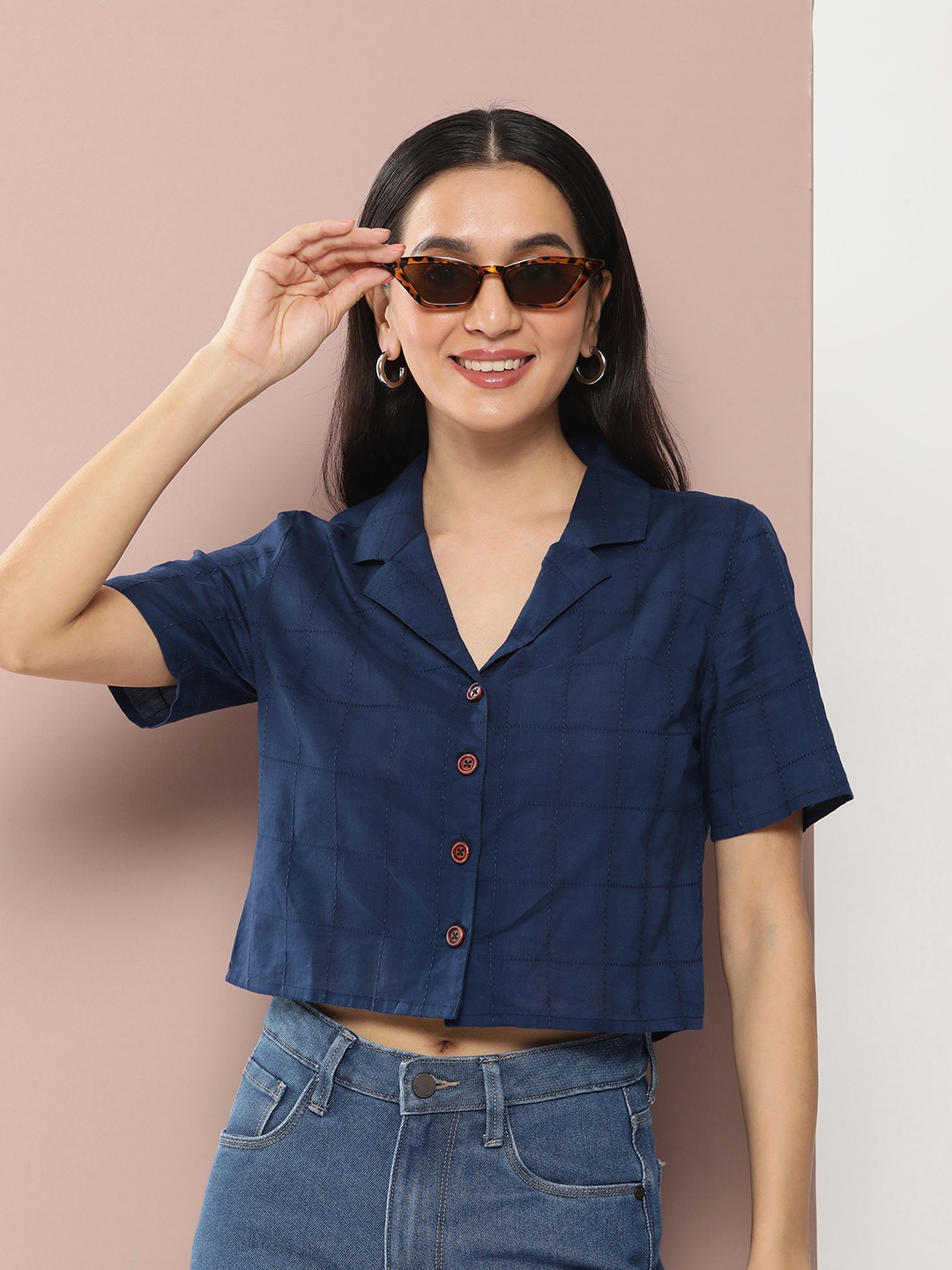 

Harvard Women Checked Cropped Cotton Casual Shirt, Navy blue