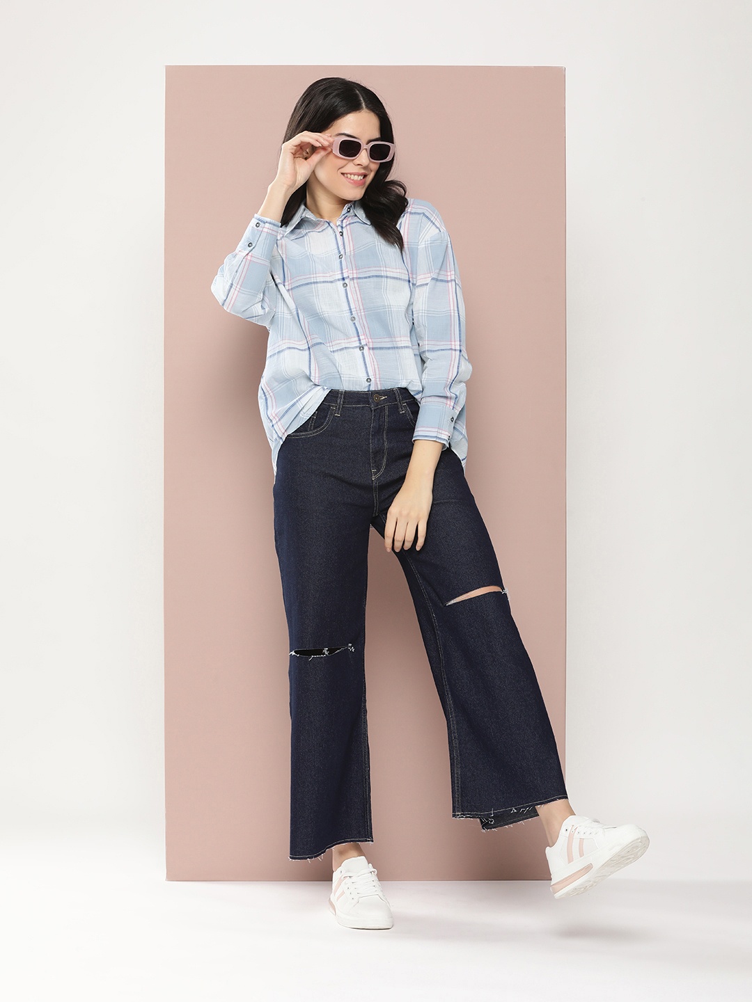

Harvard Women Tartan Checked Cotton Casual Shirt, Turquoise blue