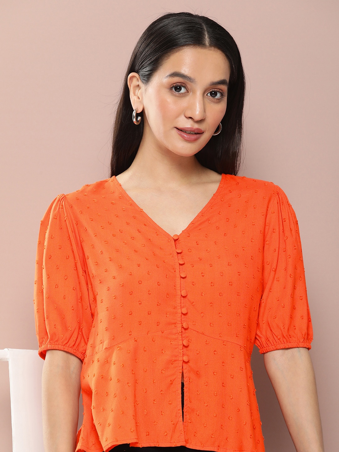 

Harvard Puff Sleeve Shirt Style Top, Orange