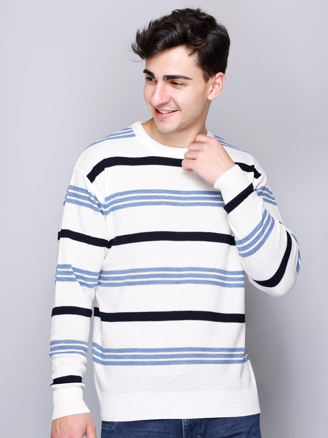 

GODFREY Striped Printed Woollen Pullover, White
