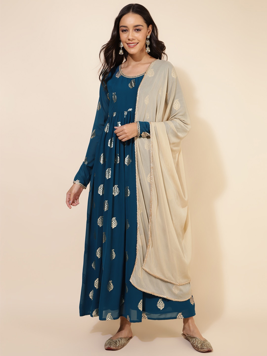 

Janasya Ethnic Motifs Printed Embellished Detail Maxi Ethnic Dress With Dupatta, Blue
