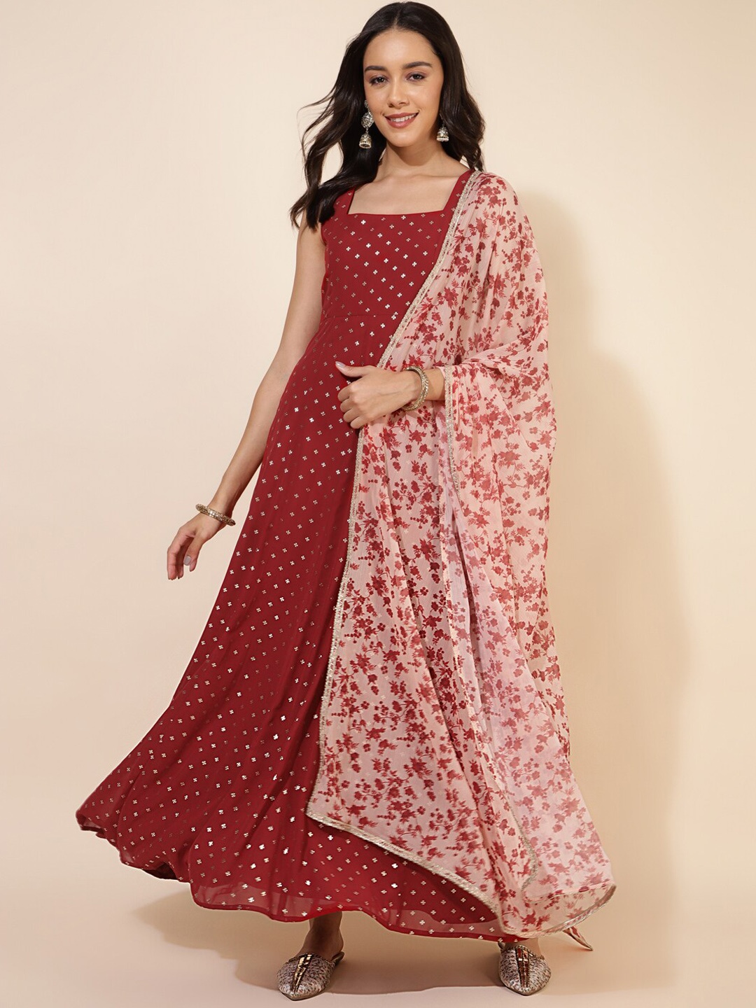 

Janasya Red Geometric Foil Printed Georgette Ethnic Maxi Dress with Dupatta