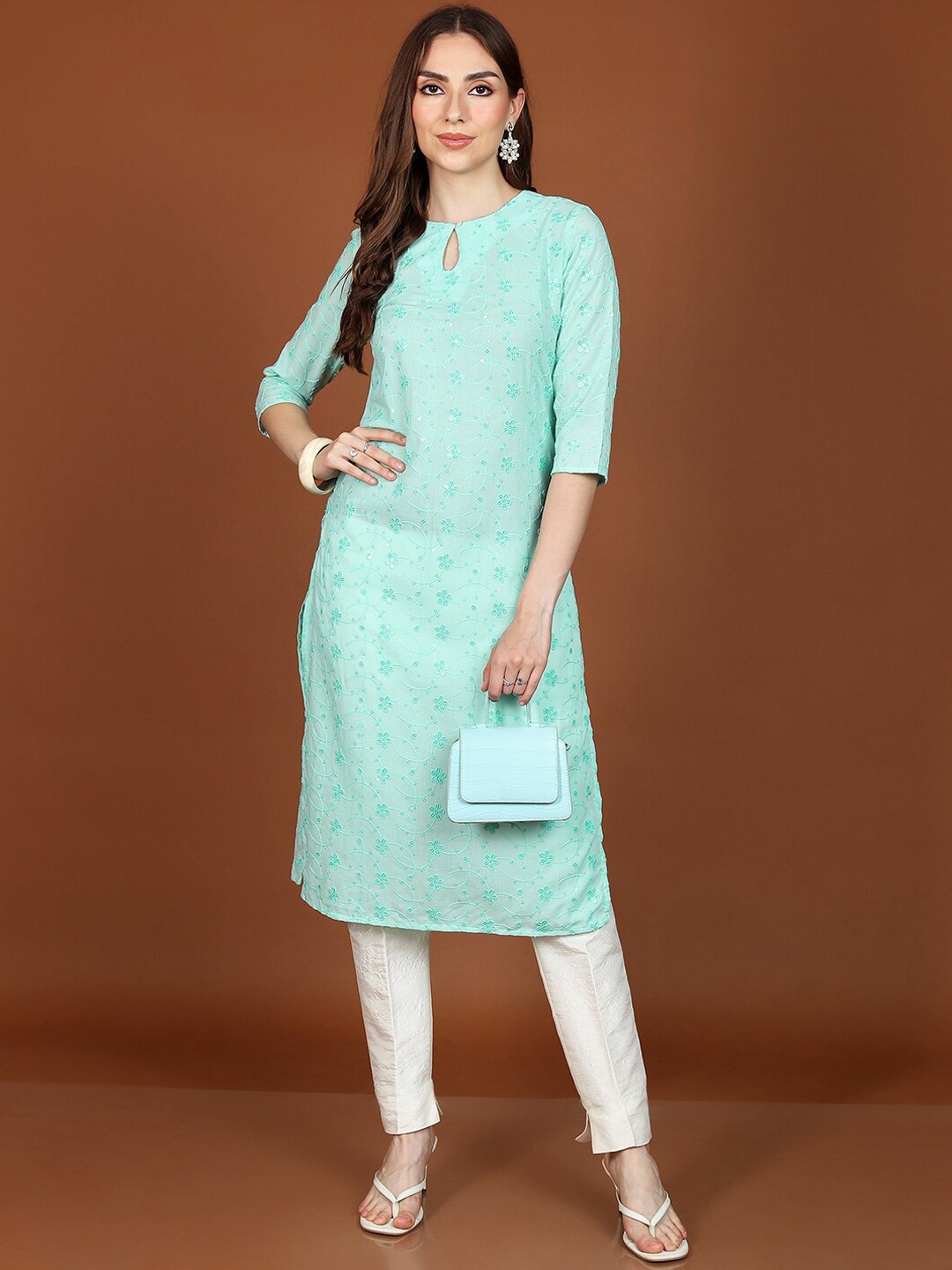 

Vishudh Sea Green Floral Embroidered Keyhole Neck Sequinned Straight Kurta