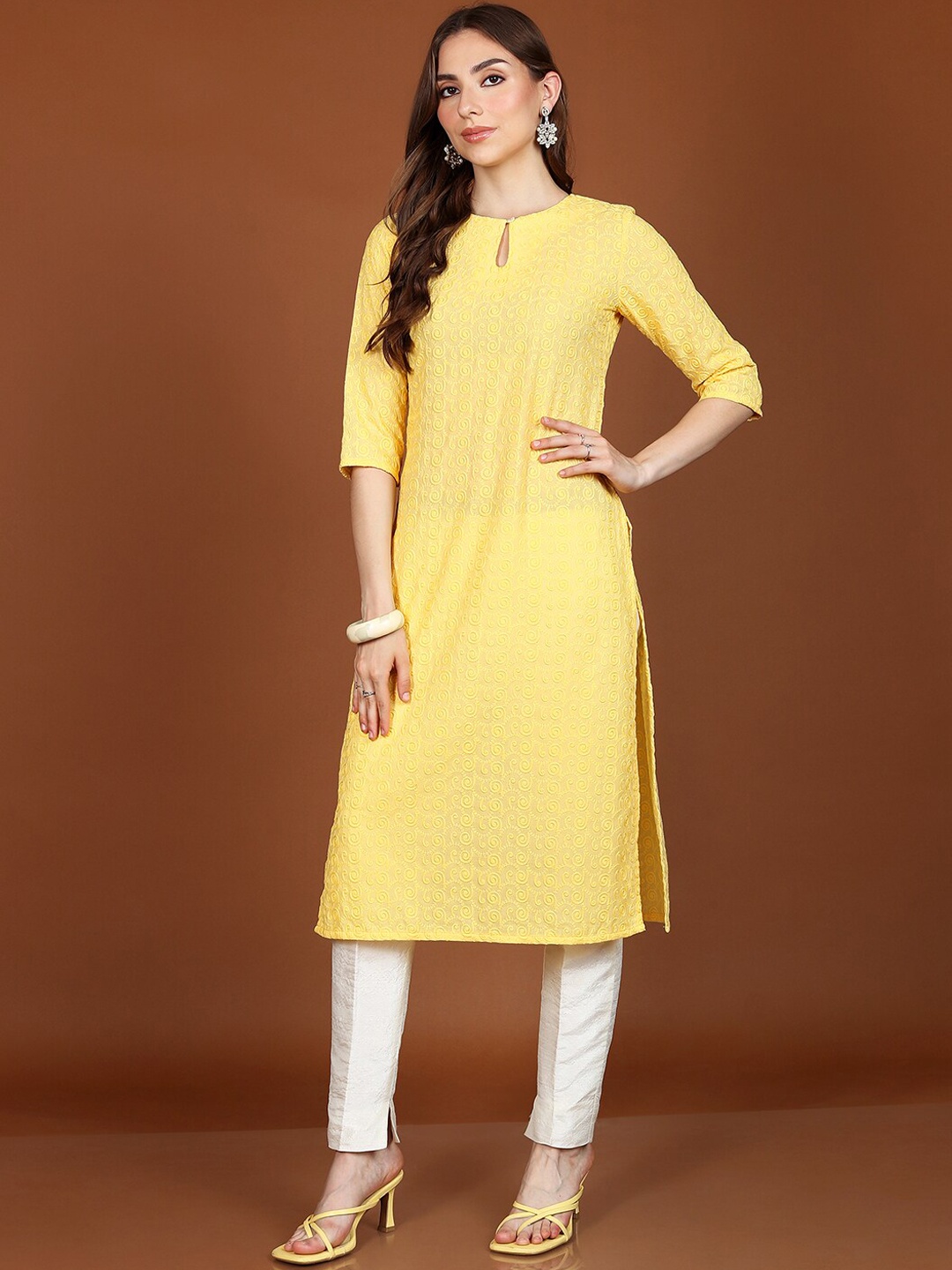 

Vishudh Yellow Floral Embroidered Keyhole Neck Thread Work Straight Kurta