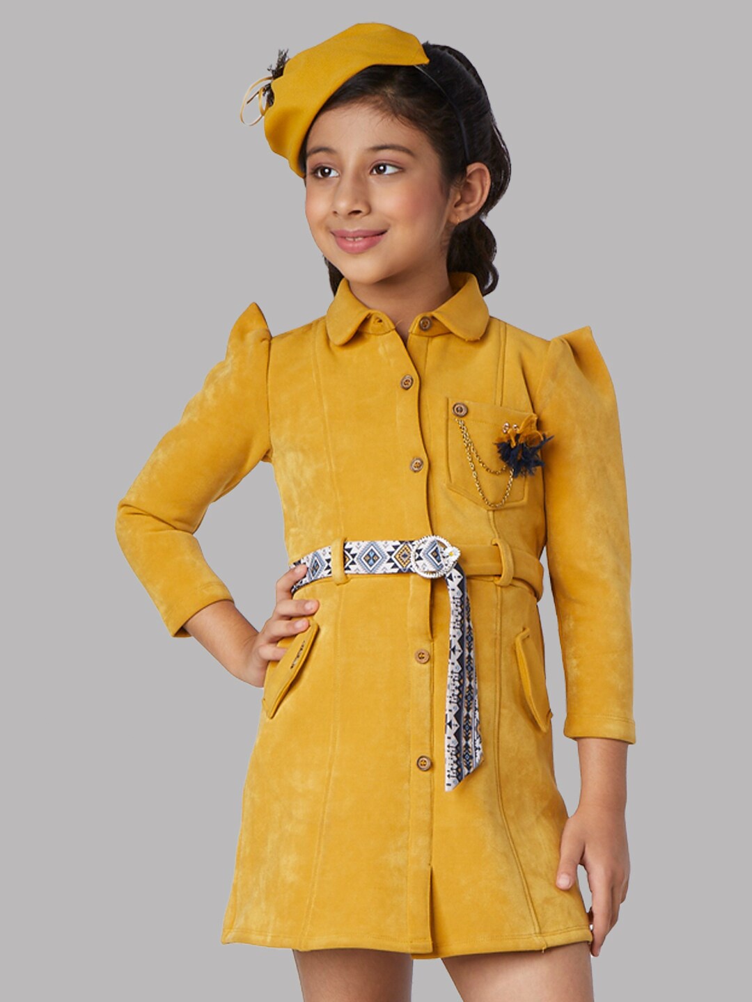 

Peppermint Girls Shirt Collar Belted Shirt Dress, Mustard