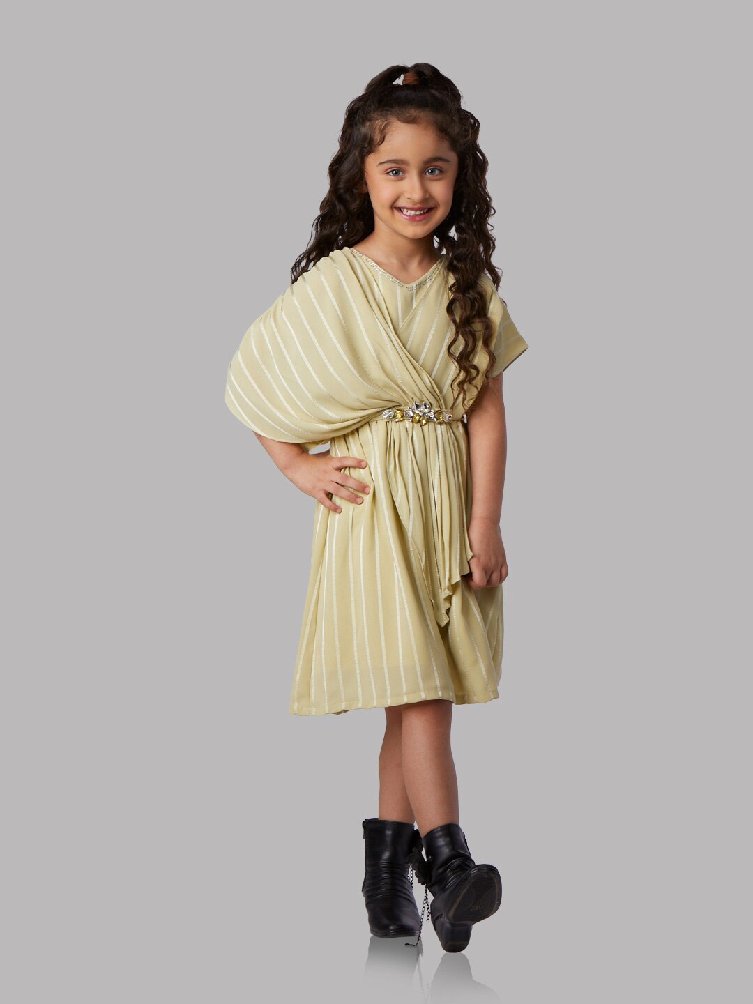 

Peppermint Girls Striped Cape Sleeves Embellished Fit & Flare Dress, Green