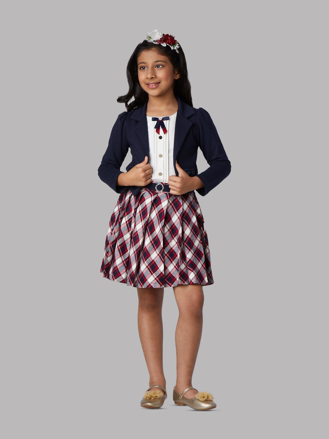 

Peppermint Girls Checked Fit & Flare Dress, Navy blue